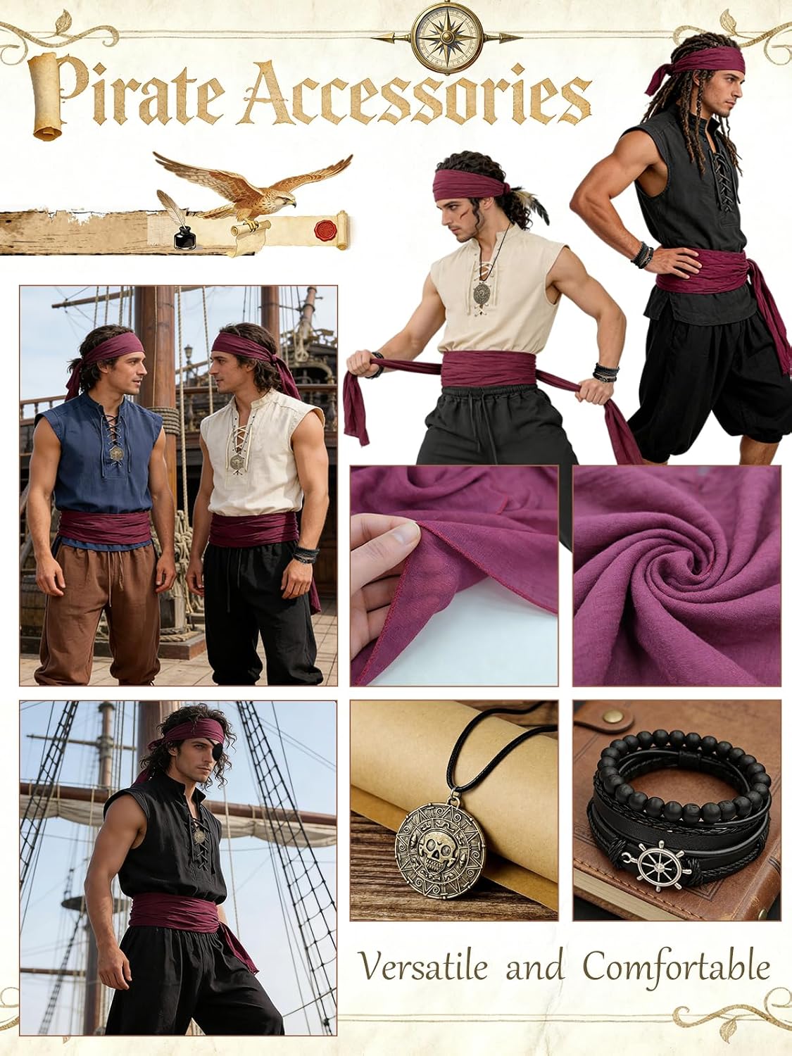 Thumbnail 5 de Verceco Vcpc-8p-001 Men's 8-Piece Pirate Costume with Lace-Up Shirt & Pants
