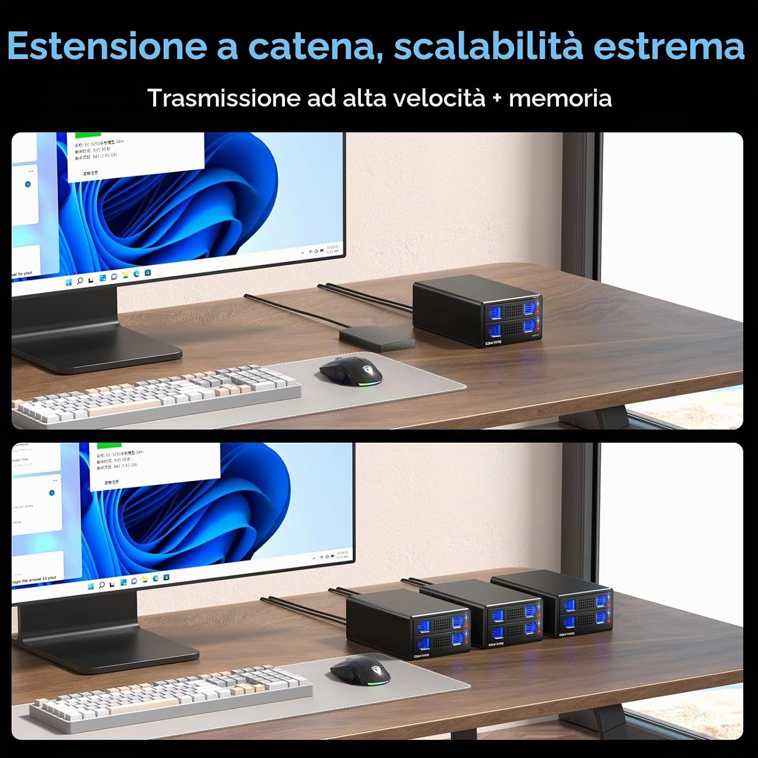 Detalle de CENMATE Hard Drive Case 2 Baie in Alluminio con Ventola: espansione modulare per HDD/SSD da 2,5/3,5 pollici