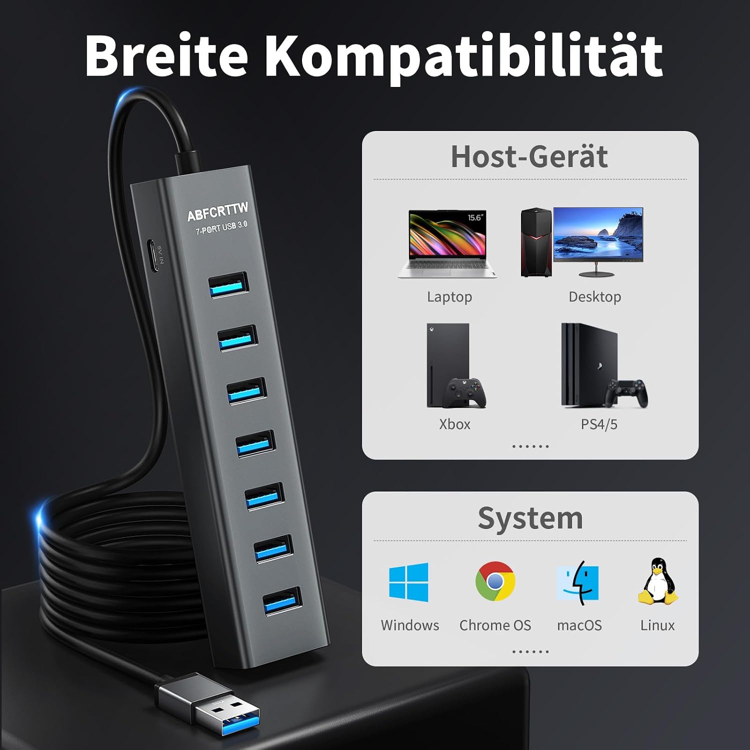 Thumbnail 6 de 7-Port USB Hub 3.0 Aluminium 180 cm