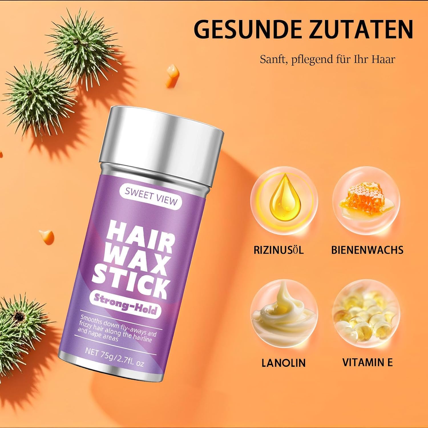 Detalle de SWEET VIEW Haarwachs-Stick & Haarbürsten – glatte Flughaare, Frizz-Kontrolle und elegante Dutt- oder Pferdeschwanz-Frisuren