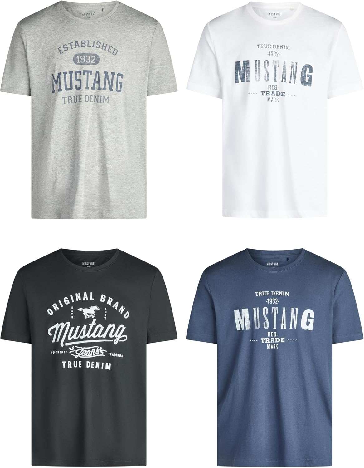 Detalle de MUSTANG Herren T-Shirt Regular Fit (4er-Set) aus Baumwolle mit Rundhals – Kurzarm Sommer-Shirts in Schwarz/Weiß/Grau/Blau/Grün