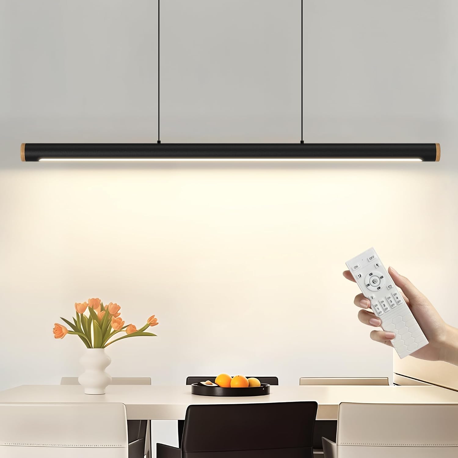 Detalle de FANLG 100 cm Pendelleuchte fürs Esstisch-Set: LED, dimmbar, höhenverstellbar, schwarz inkl. Fernbedienung