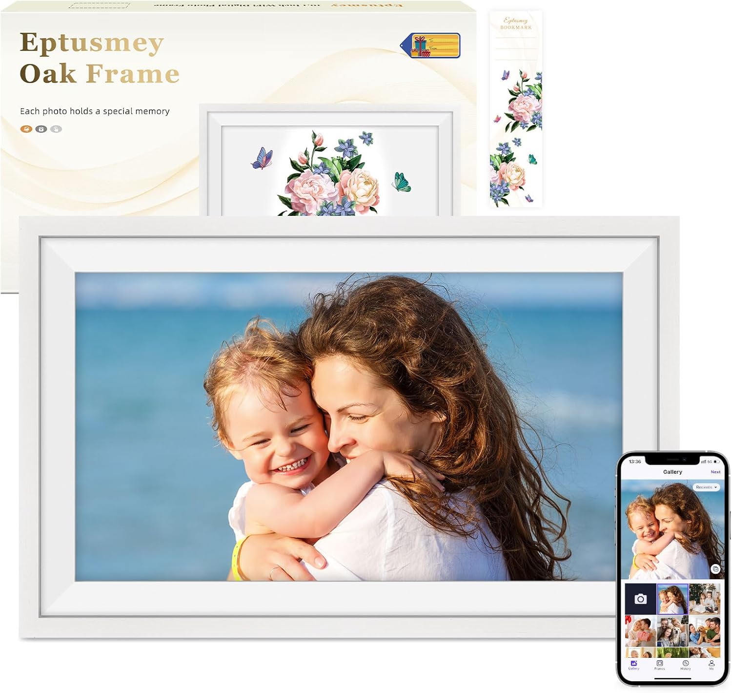 Detalle de White Oak Wood Large Digital Photo Frame 15.6 Inch with Wifi and 32GB Storage