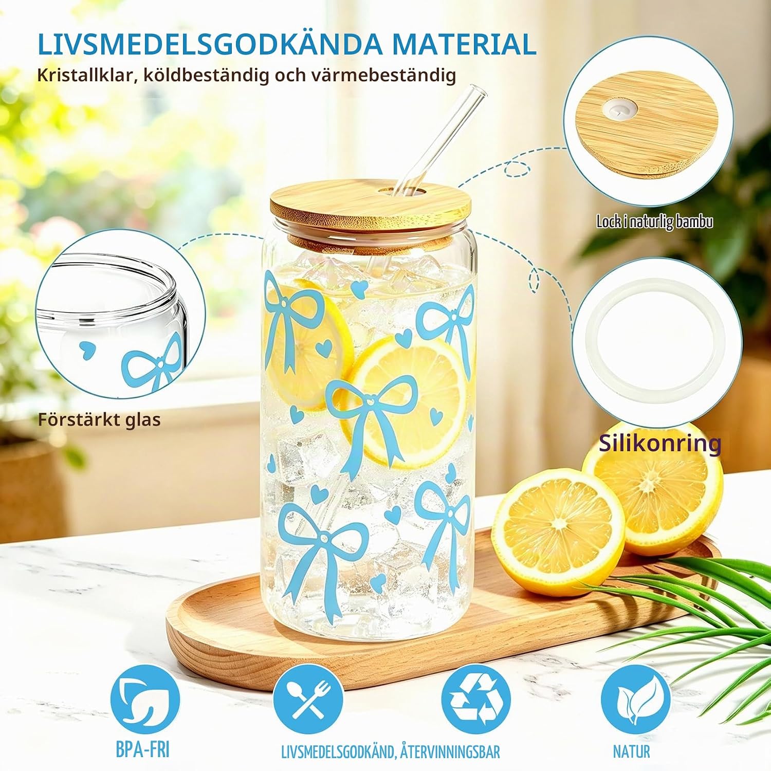 Detalle de MEIMUCUL Colorful Glasses, blått dricksglas med lock och sugrör, 500 ml