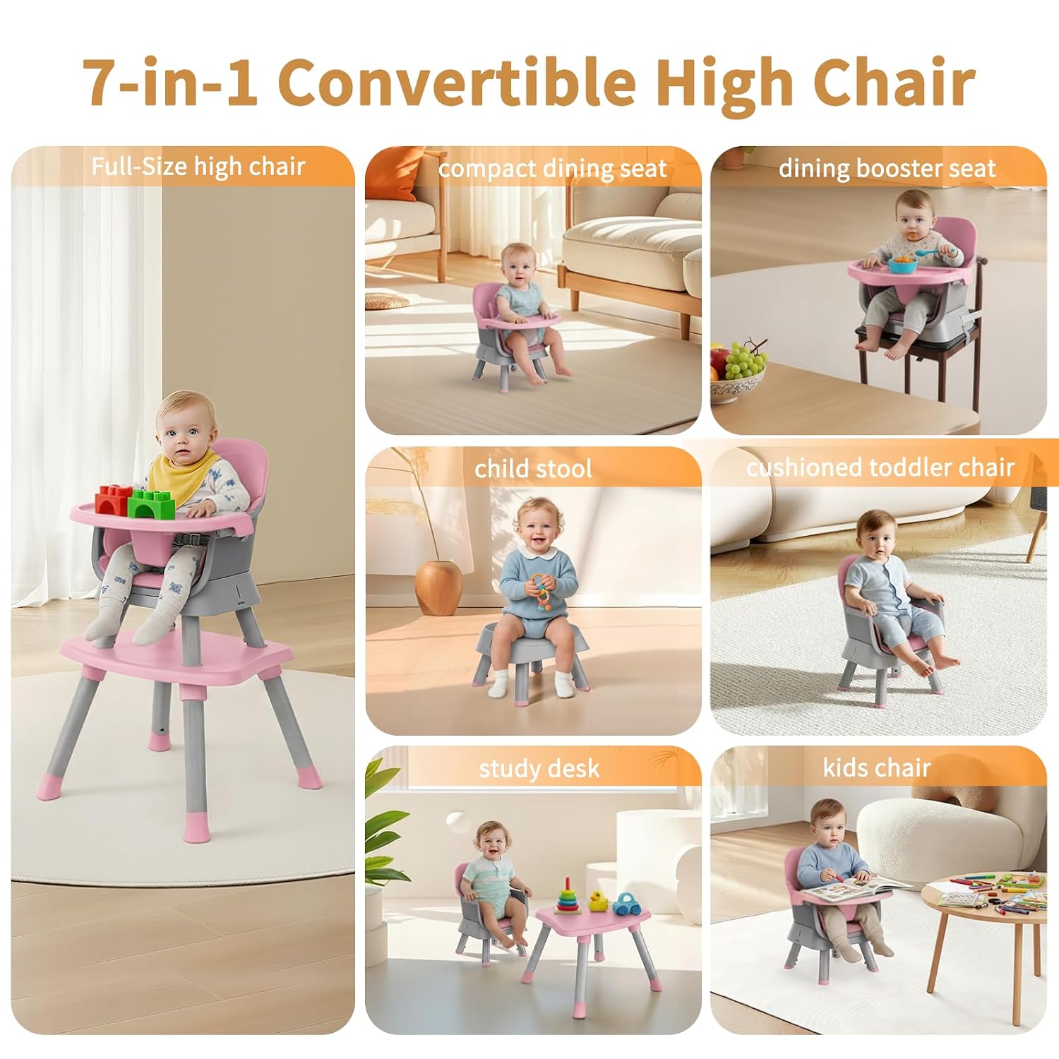Detalle de MiniKins 7-in-1 Convertible High Chair, Pink, Removable Tray