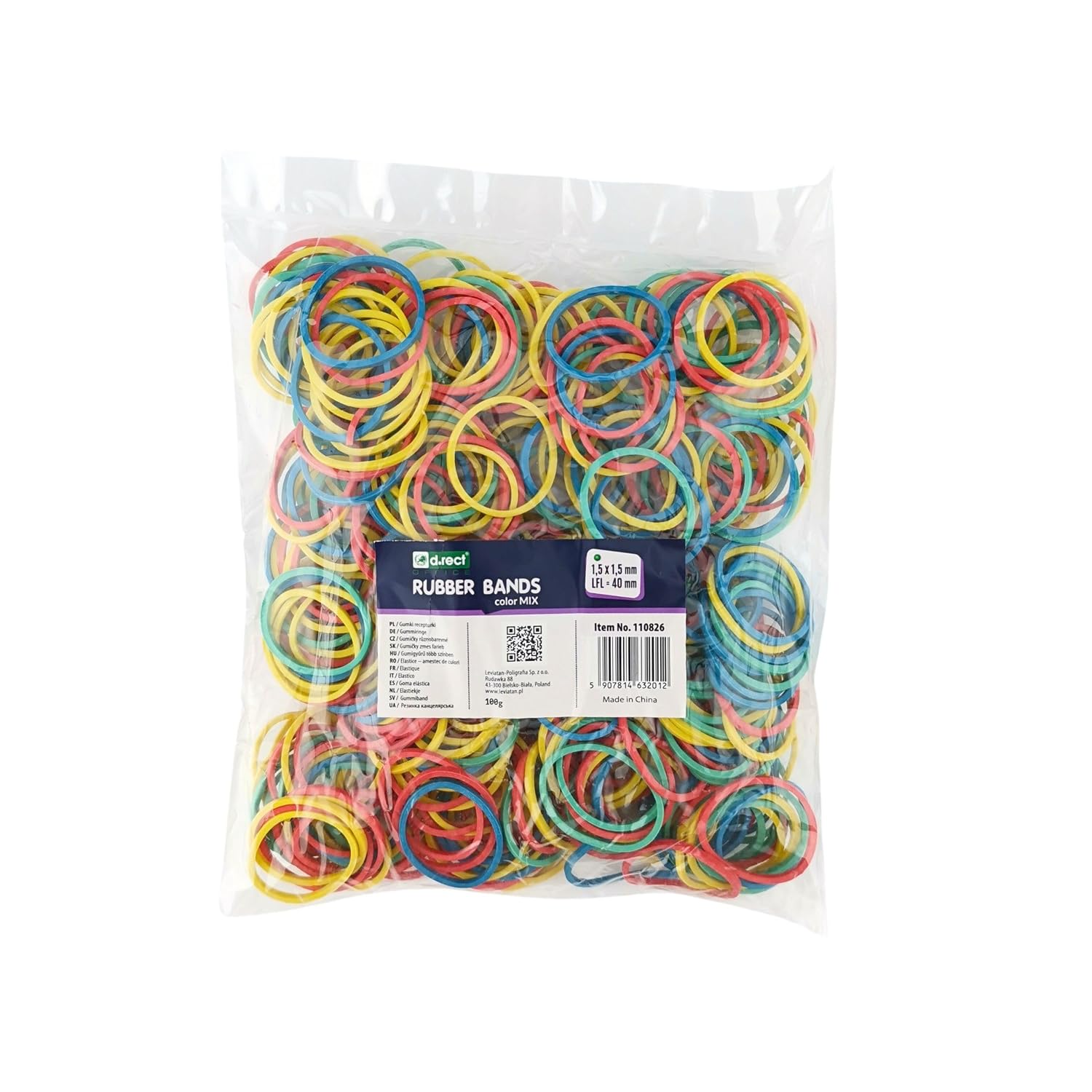 Detalle de D.RECT gummiband, 100 g med cirka 360 stycken i blandade färger