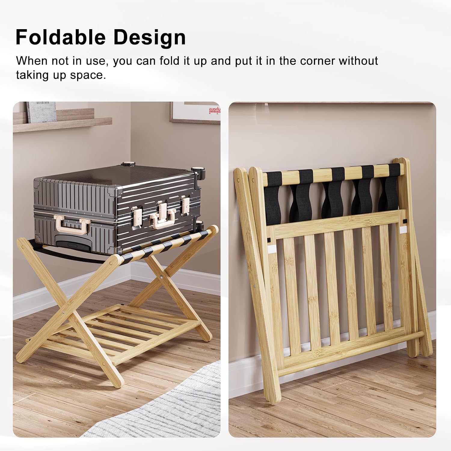 Detalle de Smuxee Fully Assembled Bamboo Foldable Luggage Rack with Shelf & 5 Nylon Straps