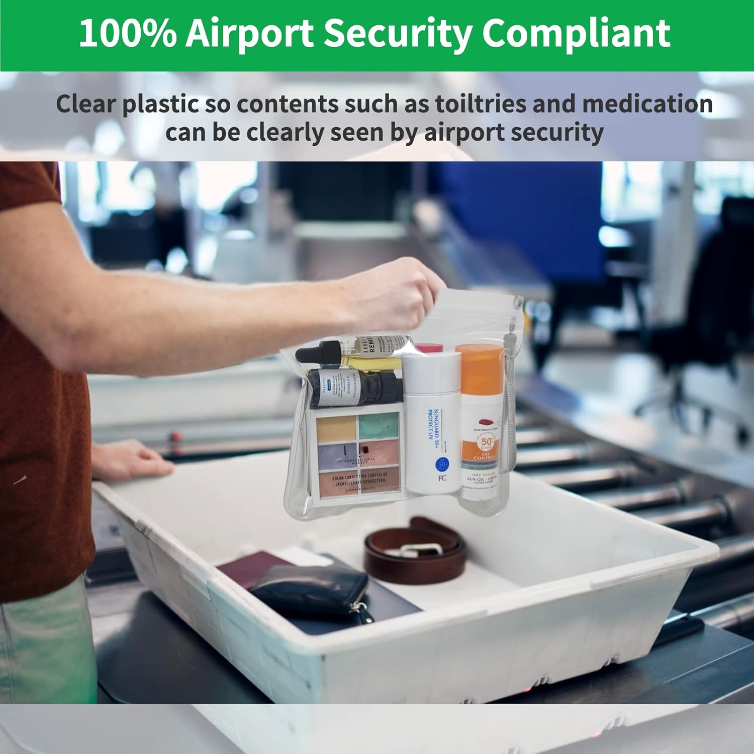 Detalle de 3PCS Clear Travel Toiletry Bags (20x20cm) – 100% Airport Security Compliant, Leakproof & Reusable