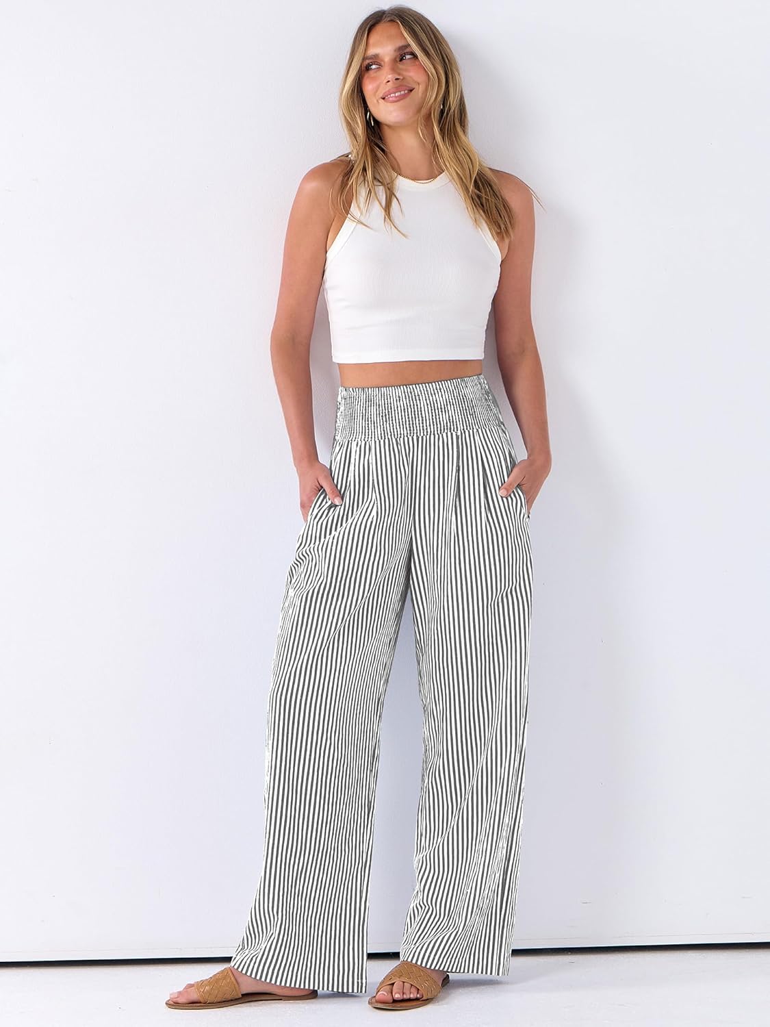 Detalle de ANRABESS Palazzo Pants with Gingham Stripes: Wide-Leg, High-Waisted Lounge Pants with Pockets