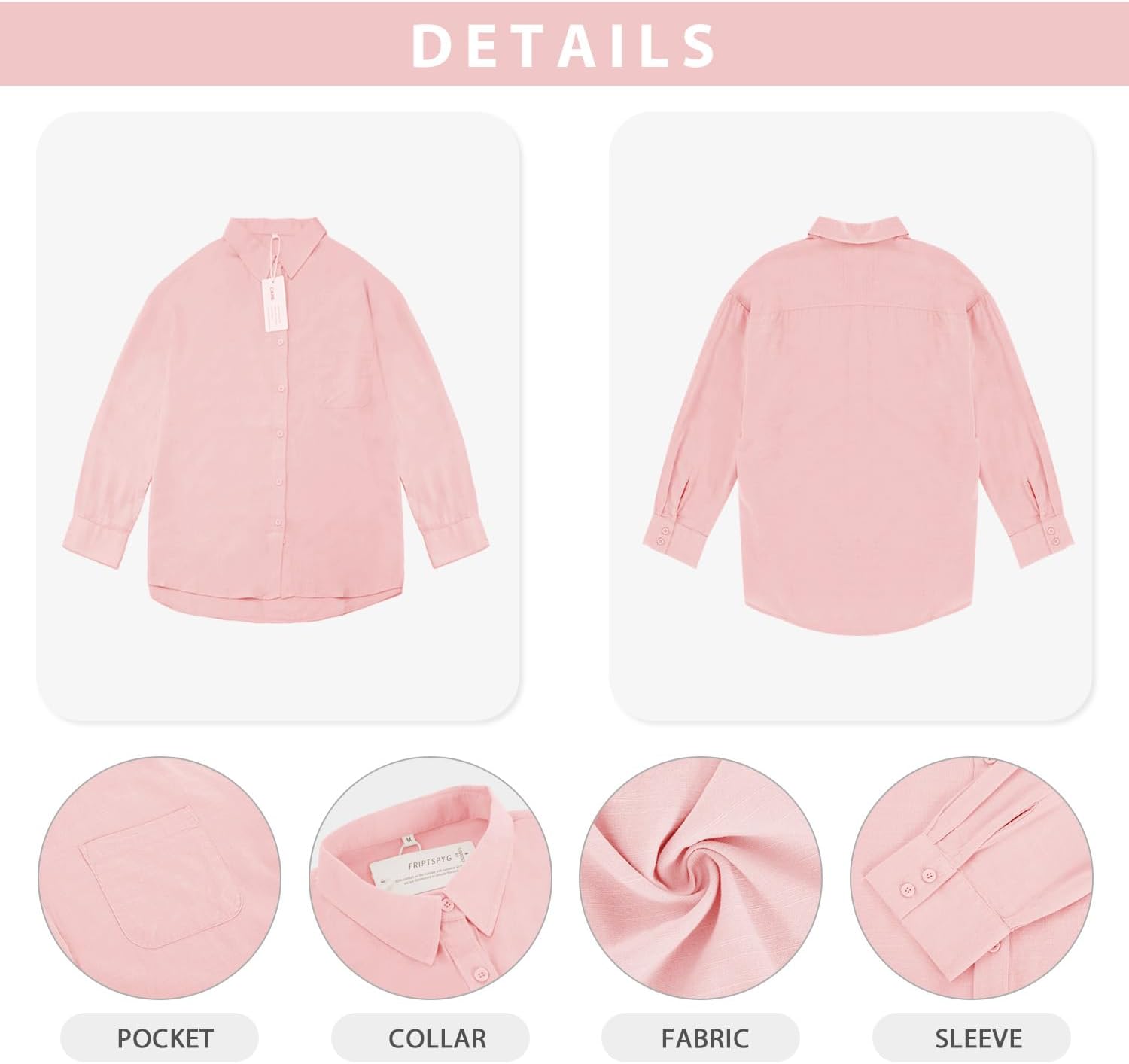 Detalle de Friptspyg Damen Bluse – Lässige Langarm-Hemdbluse aus 100% Baumwolle, V-Ausschnitt, Tasche, Weiß