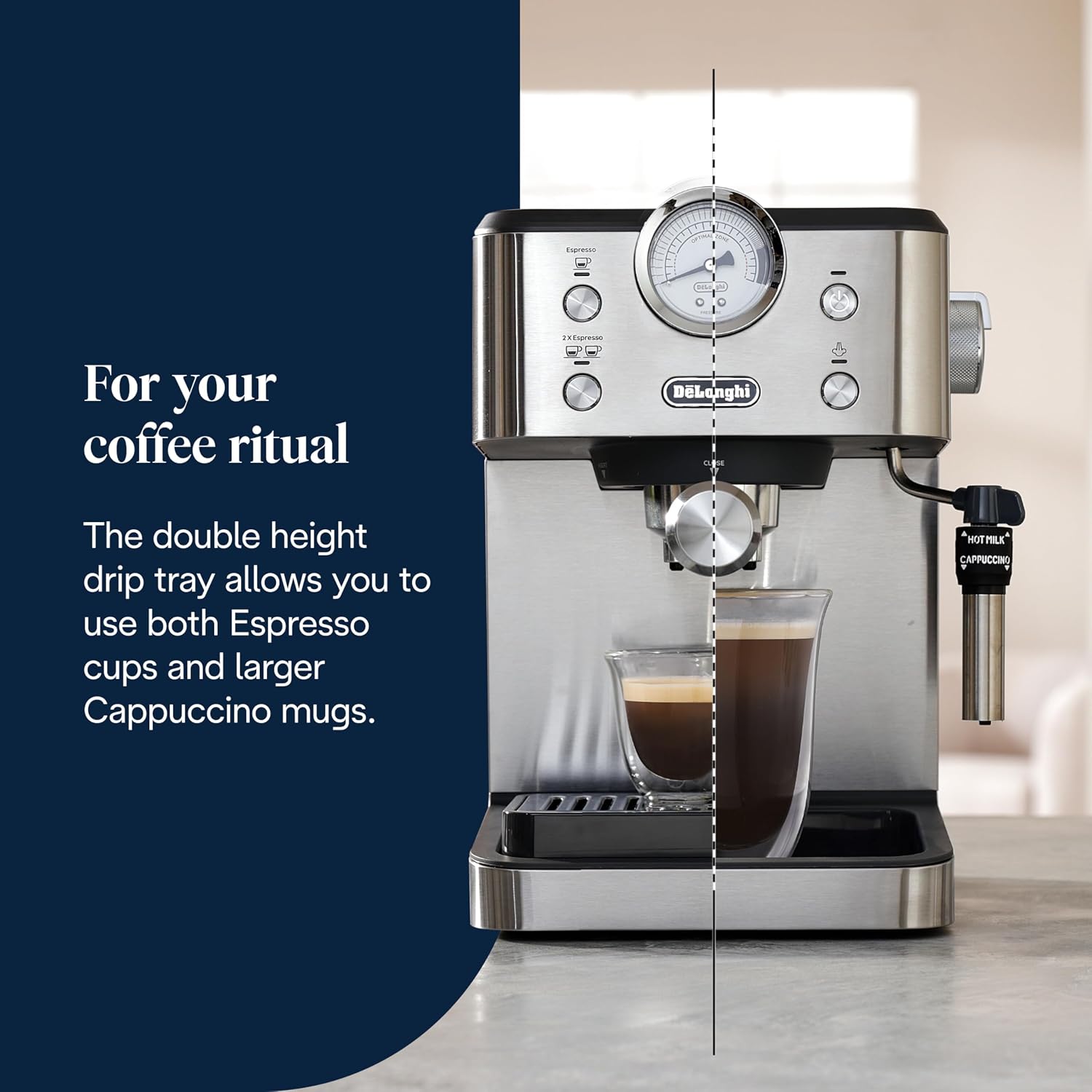 Detalle 2 de De'Longhi Siebträgermaschine Classic EM450.M – 15 Bar Druck, Vollmetallgehäuse, Thermoblock, 1,7 l Wassertank