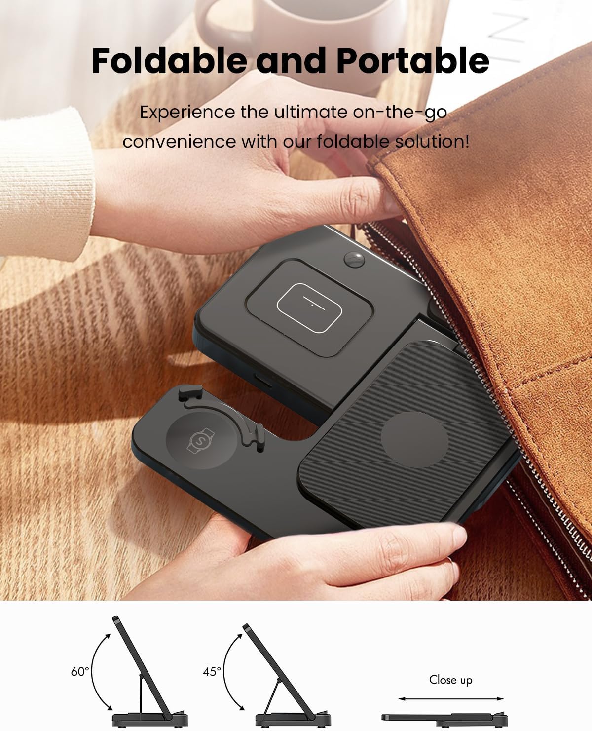Detalle 2 de GEEKERA 3-in-1 Wireless Charger Dock for Samsung phones, Galaxy Watch & Galaxy Buds (Foldable, Black)