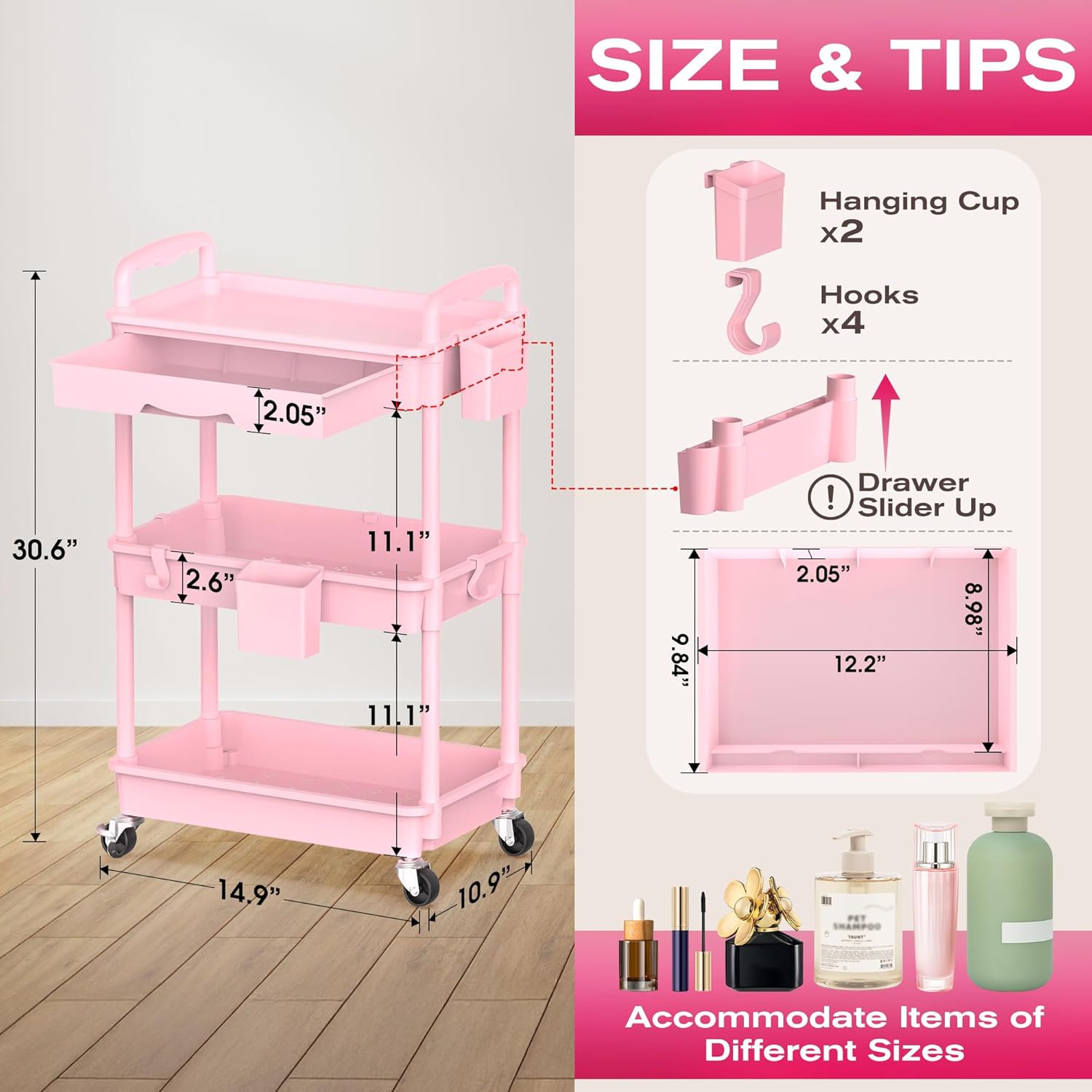Thumbnail 1 de Goovilla Rolling Makeup Organizer Cart with Removable Drawer (3-Tier, Lockable Wheels)