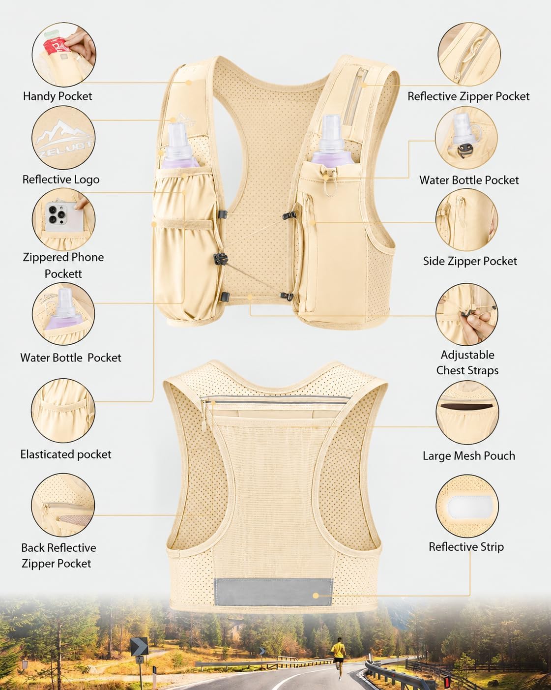 Detalle 1 de Zelvot Running Hydration Vest with 500ml Soft Flask, 9 Pockets