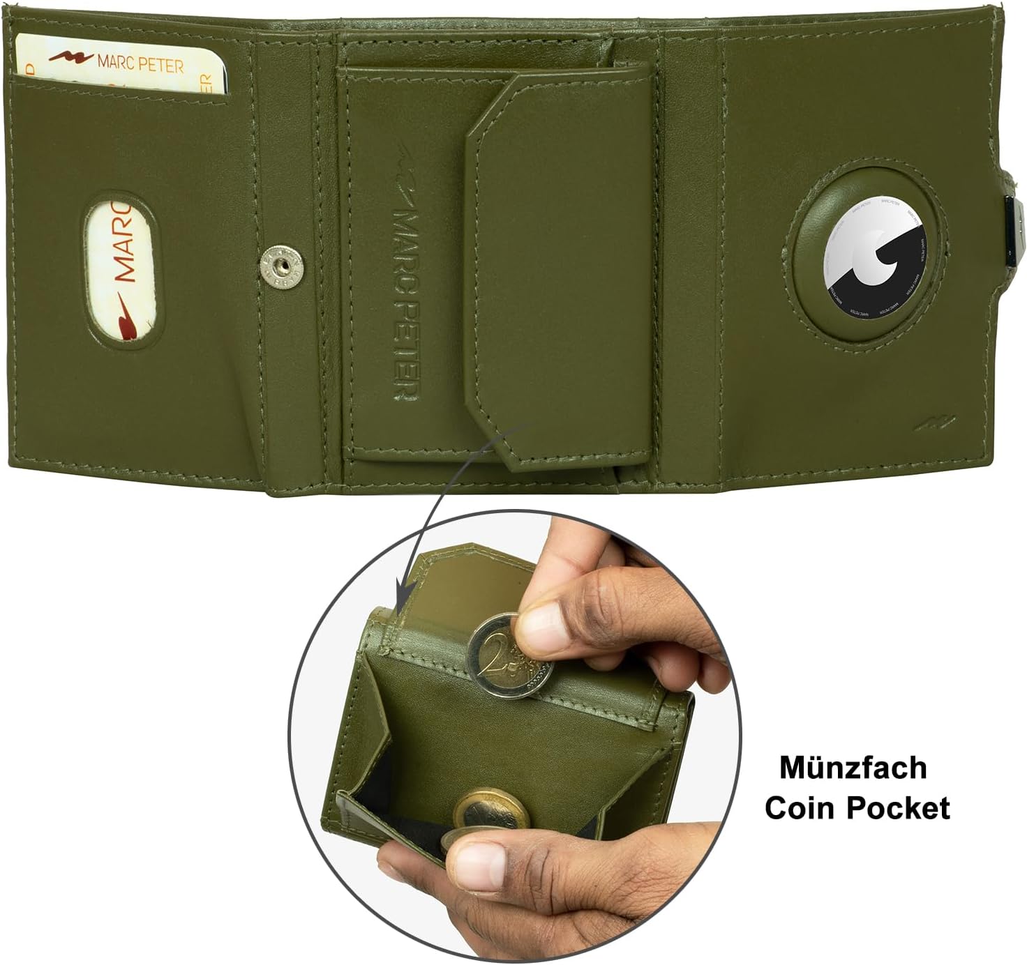 Thumbnail 6 de Marc Peter Jupiter Airtag Echtleder Geldbörse mit XL-Münzfach – kleines AirTag-Portemonnaie für Herren in Grün