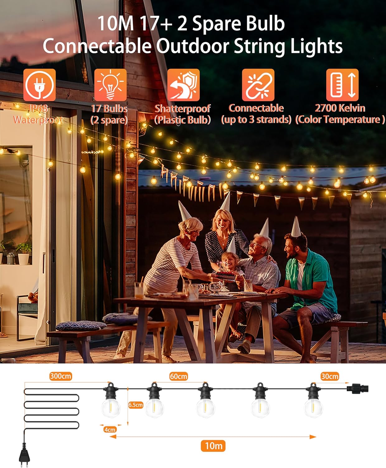 Thumbnail 3 de Bzavor LED Lichterkette Außen – 10 m, 17+2 Glühbirnen, IP68, 1 W pro Birne