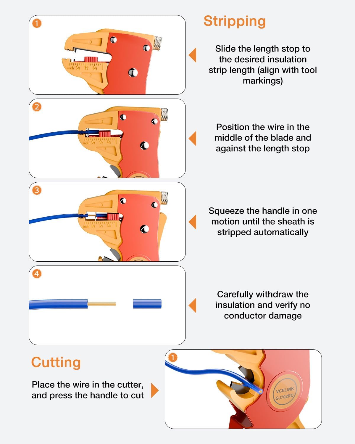 Detalle 2 de VCELINK Automatic Quick Wire Stripper and Cutter (7 Inch) for 14–24 AWG Cables with Eagle Nose