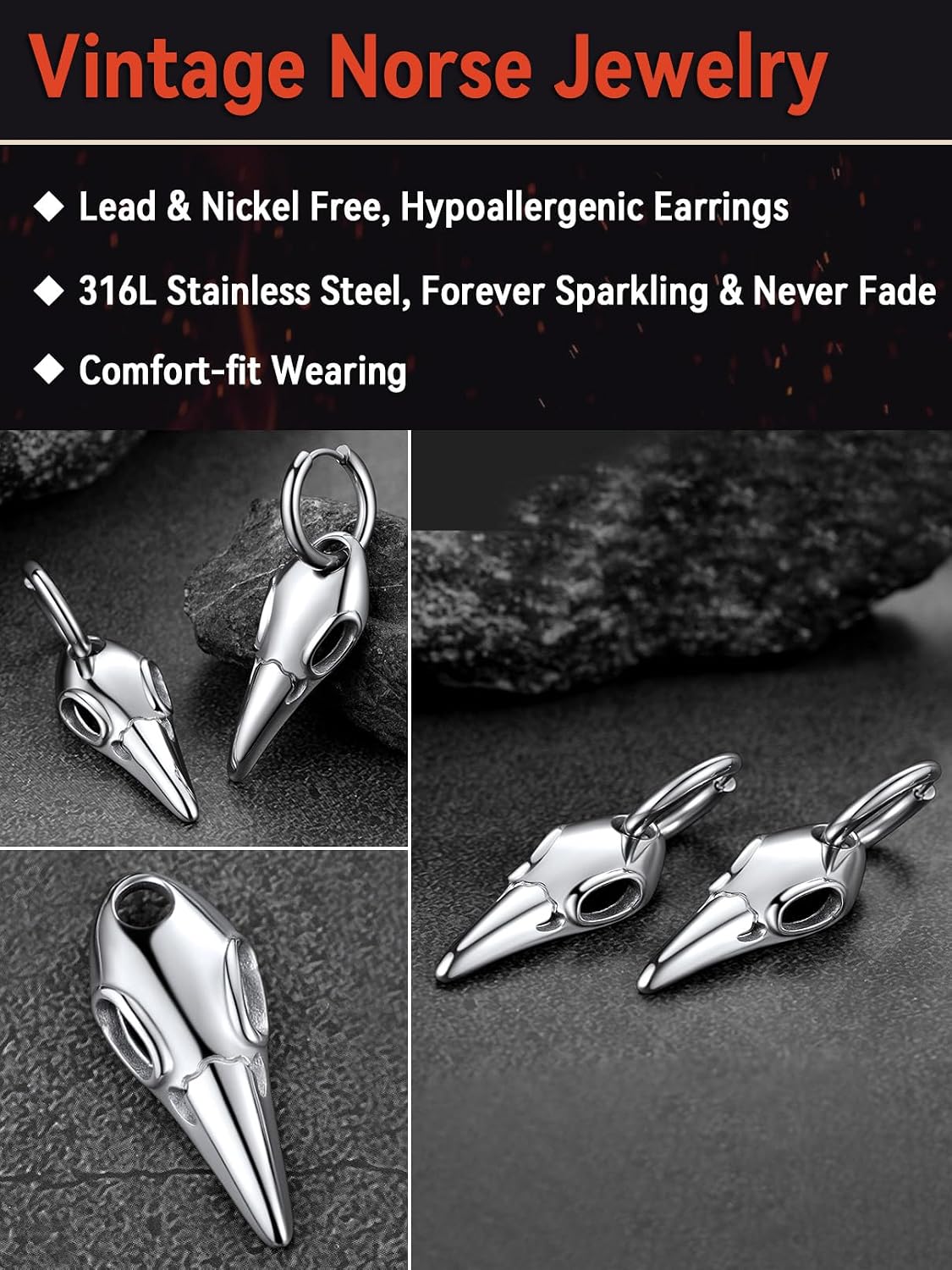 Detalle de FaithHeart Boucles d'oreilles Homme Crâne de Corbeau en Acier Inoxydable - Ø12 mm