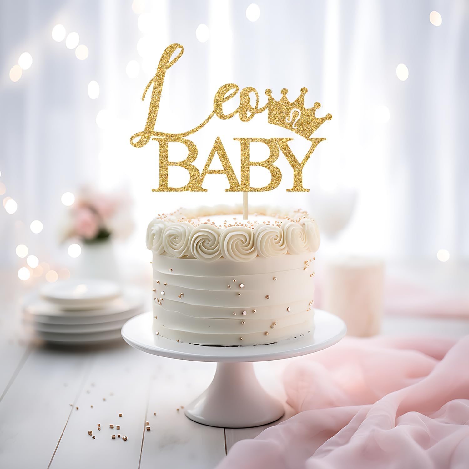 Detalle de Calarjeta Leo Baby Cake Topper, Gold Glitter Zodiac Decor, 4.2 x 5.9 in