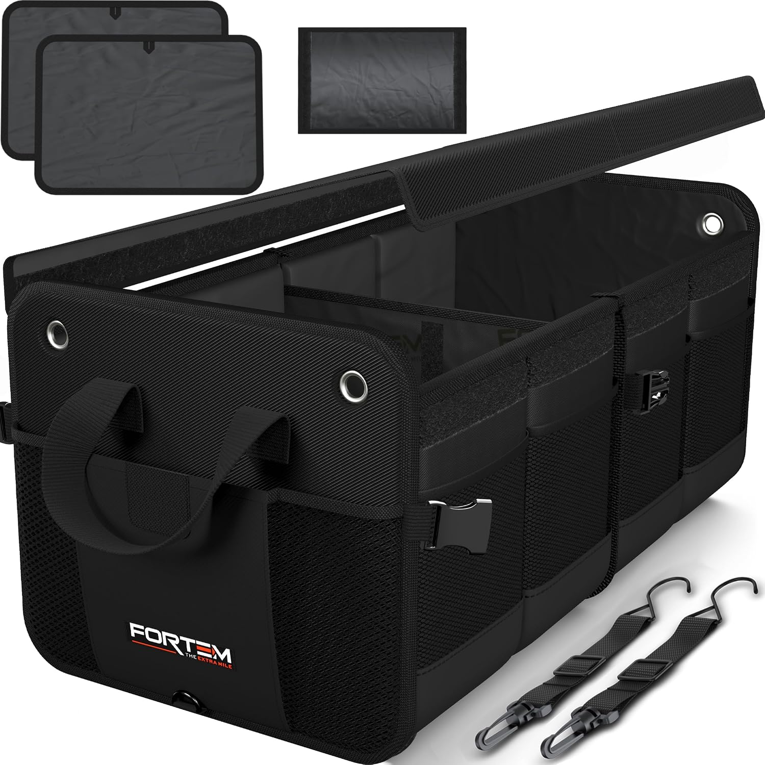 Detalle de FORTEM Car Boot Organiser (65L) – Collapsible SUV trunk storage with non-slip base and adjustable straps