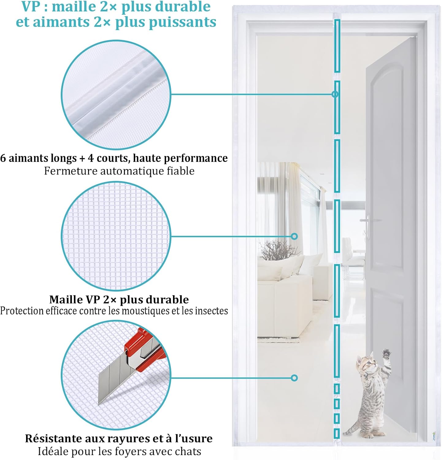 Detalle 2 de Apalus Moustiquaire Magnétique pour Porte – Maille Ultrarésistante 120x220, Blanc