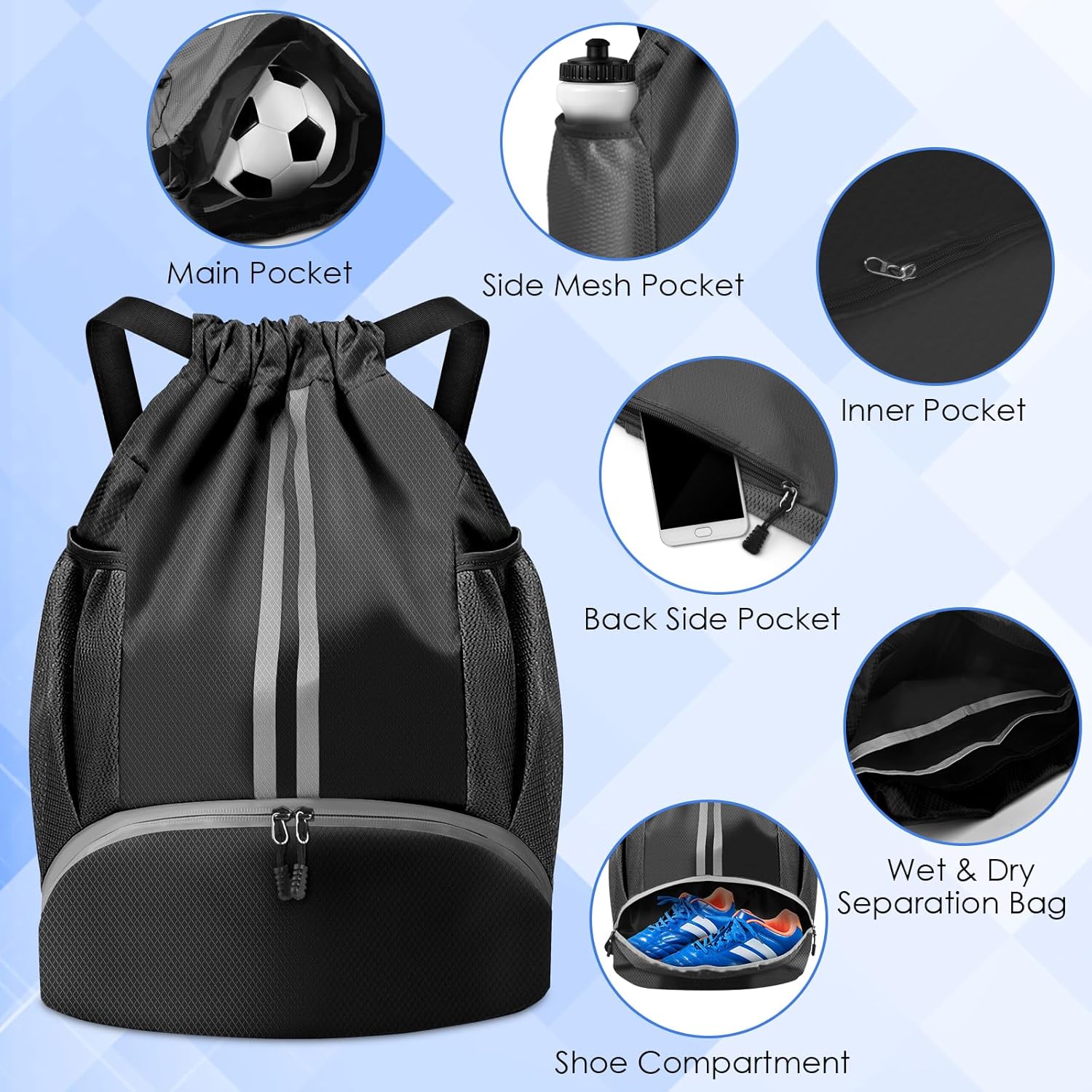 Thumbnail 2 de BROTOU Unisex Waterproof Drawstring Backpack Gym Bag with Shoe Bag (Oxford, Large)
