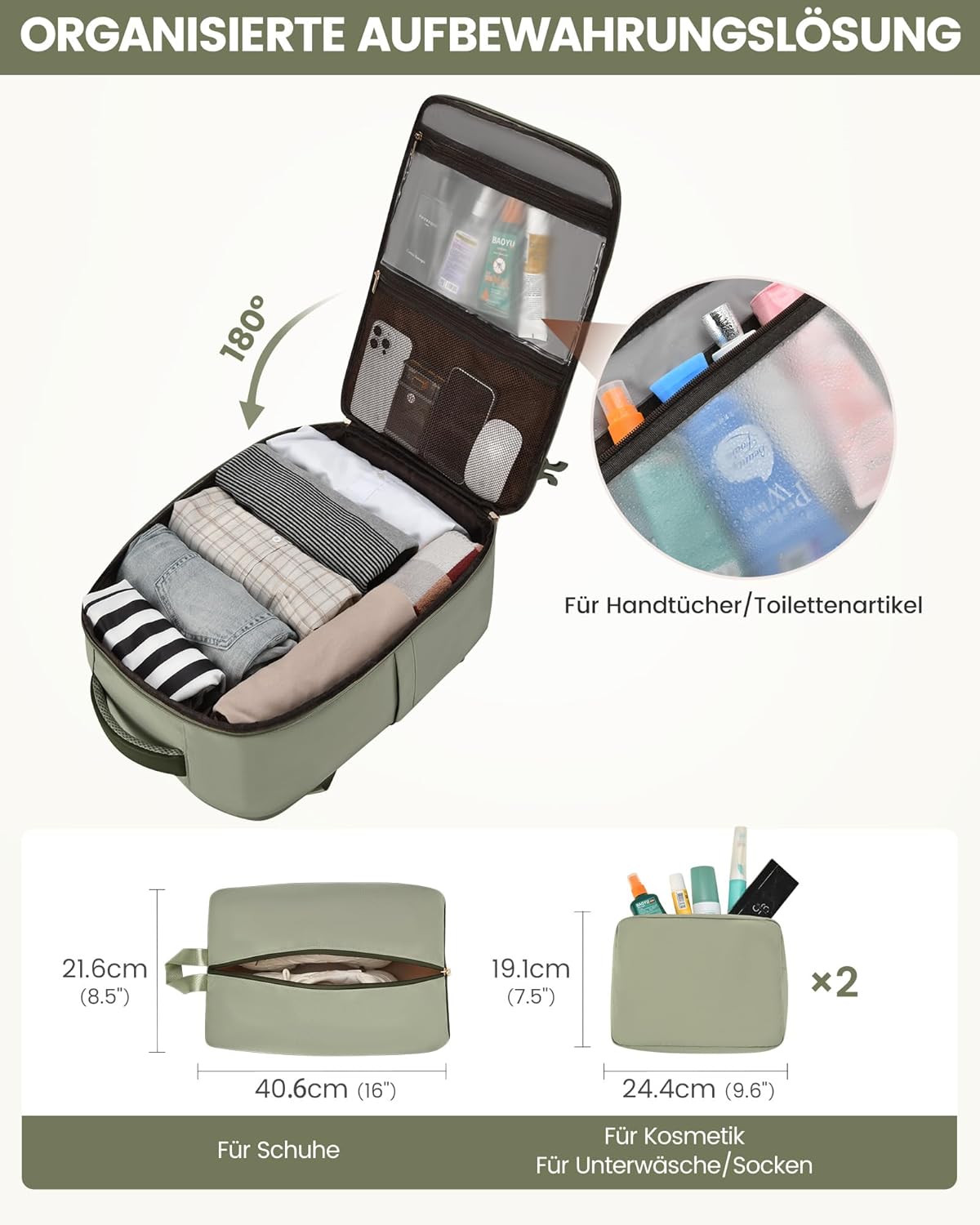 Detalle de LOVEVOOK Handgepäck-Rucksack 40L (17,3 Zoll) – erweiterbar, Cabin Bag für Flugzeug & Business, Teegrün