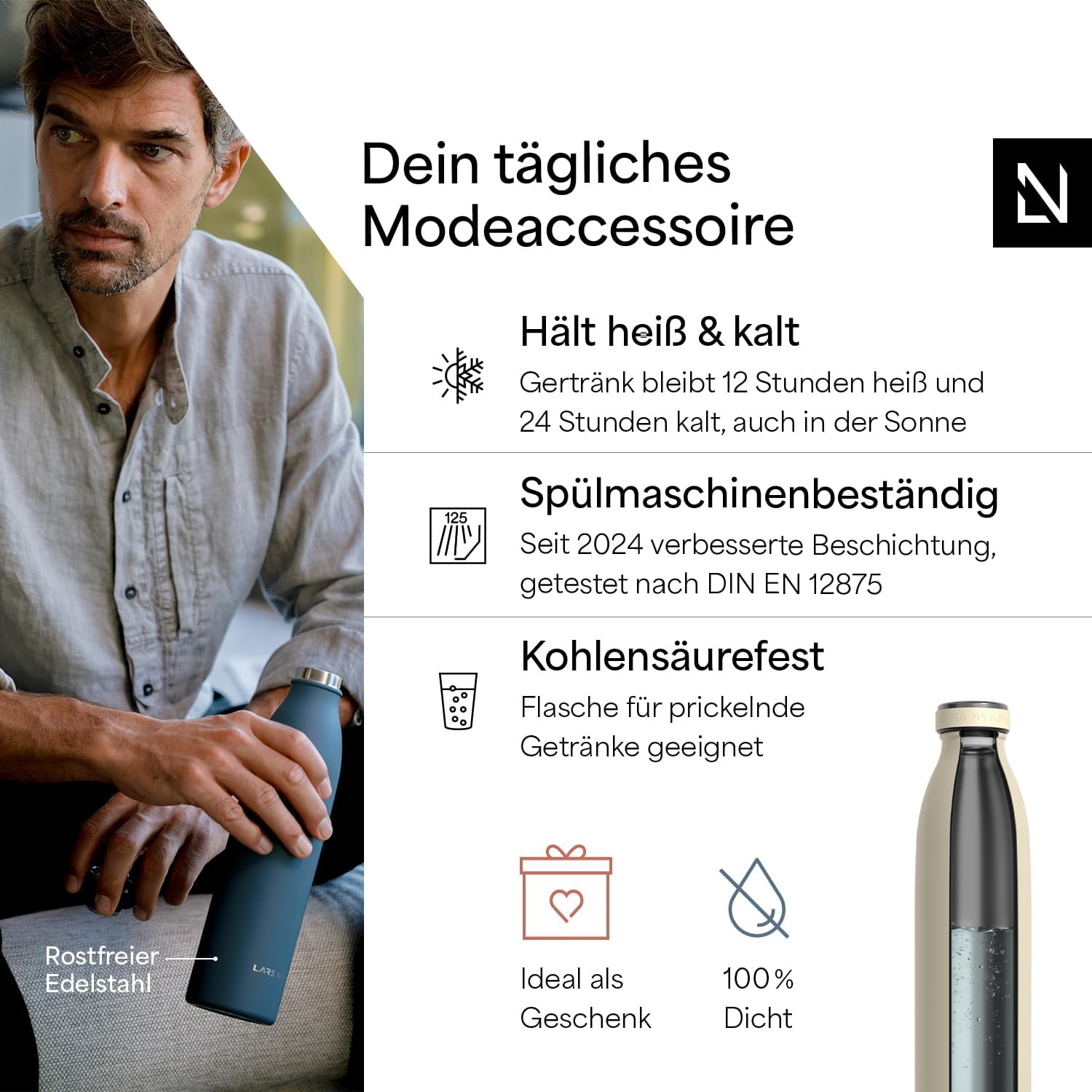 Detalle de LARS NYSØM Ren Edelstahl-Trinkflasche 750 ml