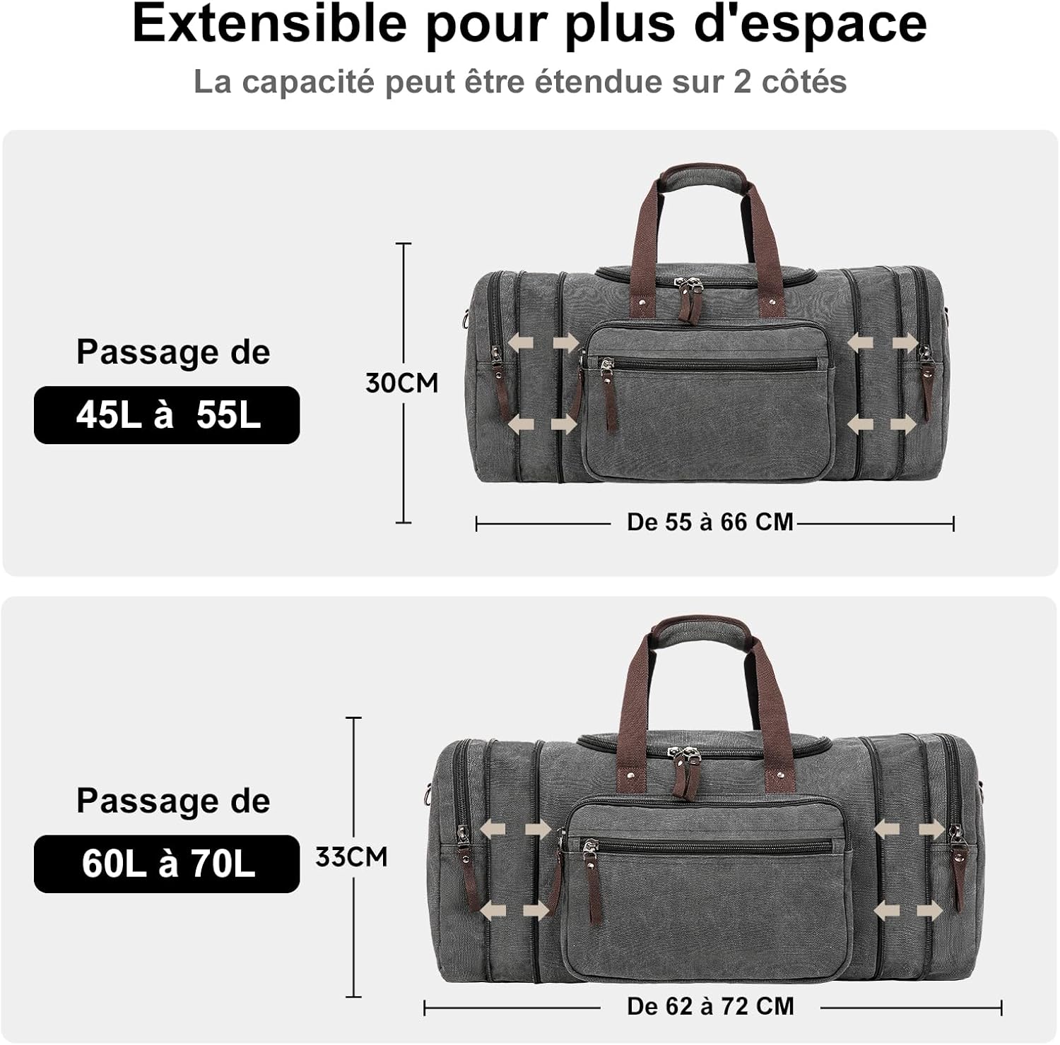 Detalle de EKOROMIER Grand sac de voyage en toile extensible 70L (week-end) pour homme – 62 x 29 x 33 cm