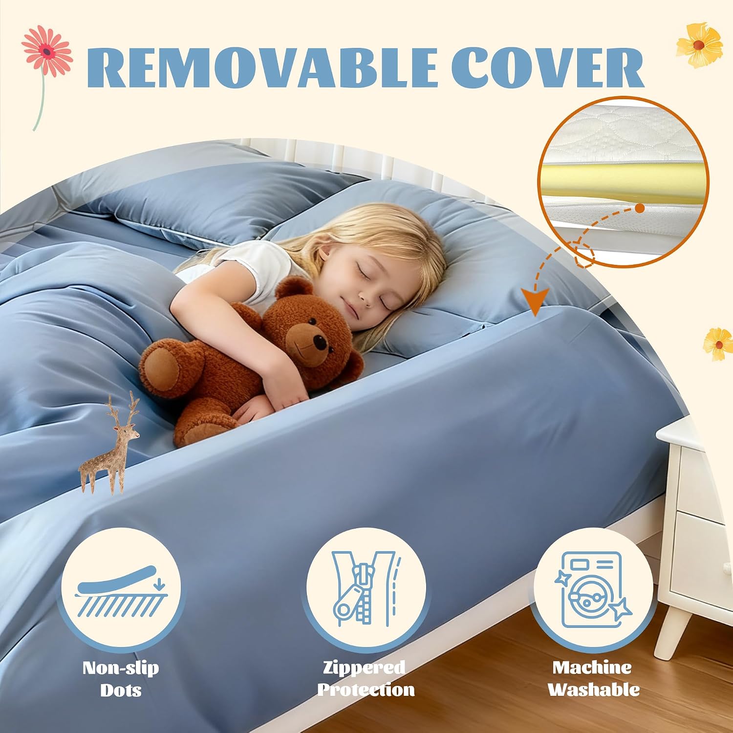 Detalle 2 de Asatdd Toddler Bed Bumper with Adjustable Strap, Memory Foam and Washable Cover