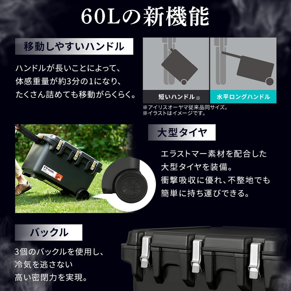 Detalle 2 de アイリスオーヤマ HUGEL VITC20A・VITC40A 真空断熱クーラーボックス 60L・キャスター付き