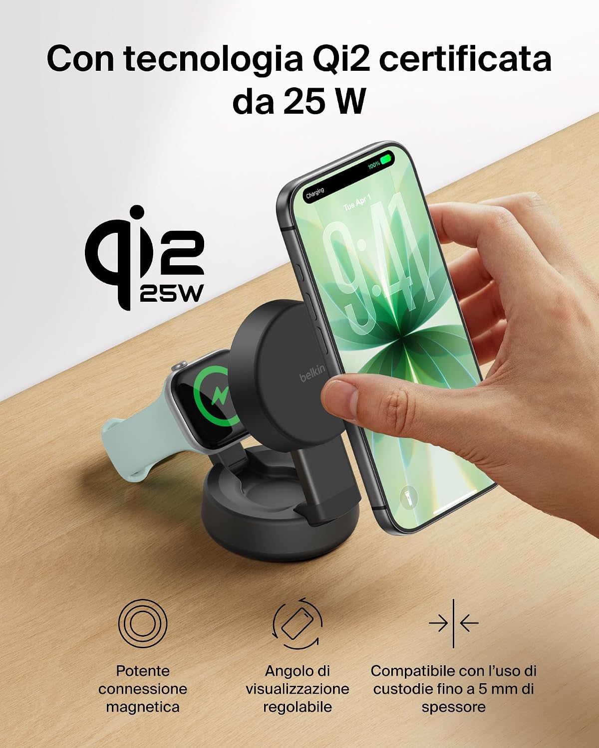 Detalle de Belkin UltraCharge Pro Caricatore Wireless Magnetico 2 in 1 MagSafe Qi2.2 25W con Alimentatore da 45W – Nero