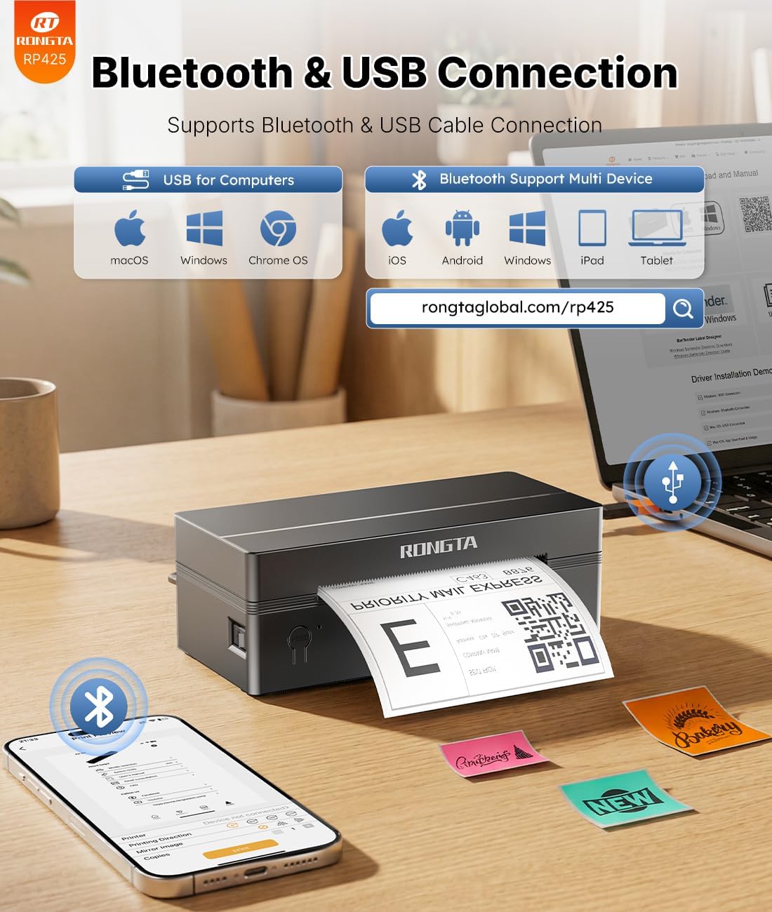 Detalle 2 de Rongta RP425 Bluetooth Thermal Shipping Label Printer (Wireless 4x6) for Postage & Address Labels