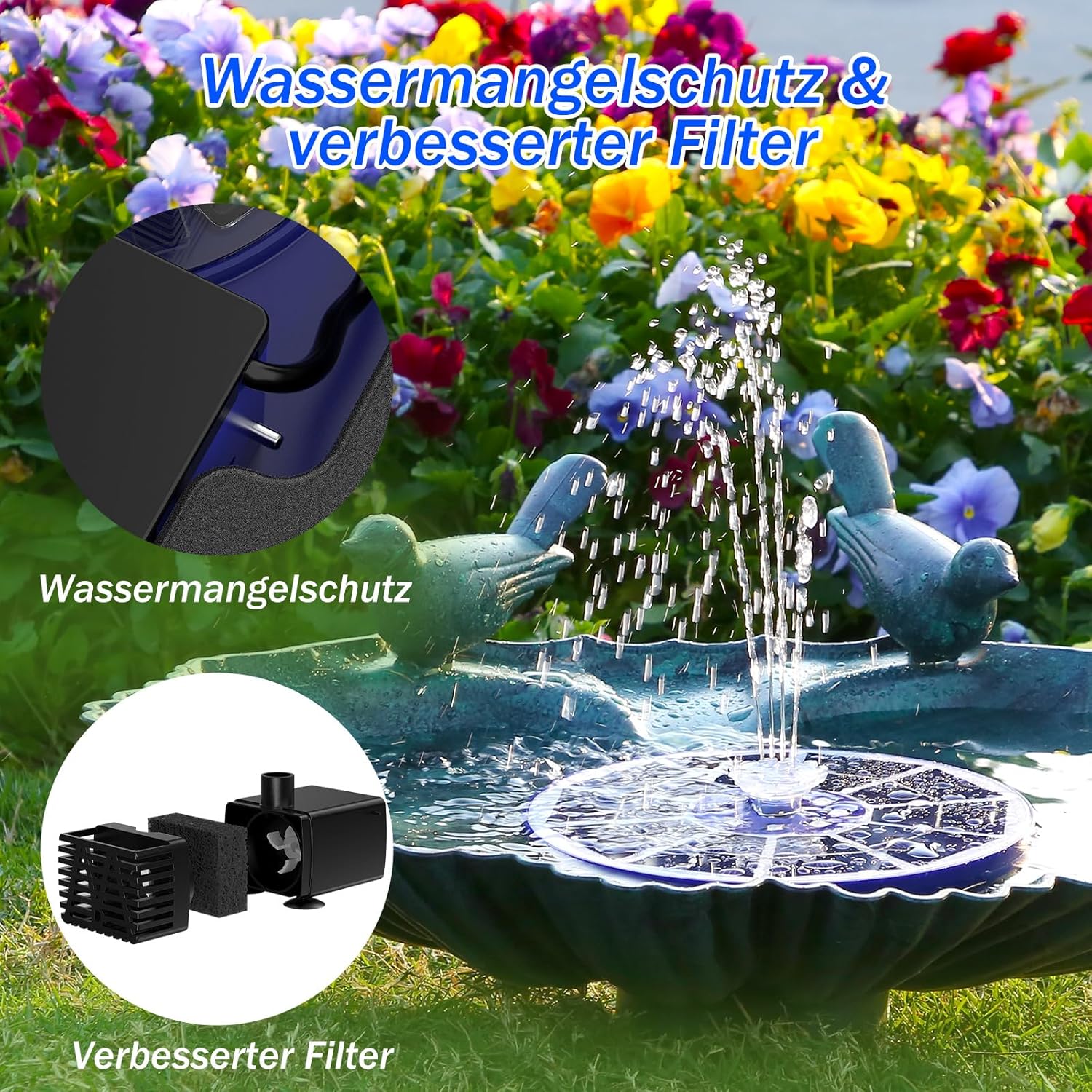 Thumbnail 6 de AISITIN LED Solarbrunnen für Draußen – Blaues Glas, 3,5W Solarpumpe mit 3000mAh Akku