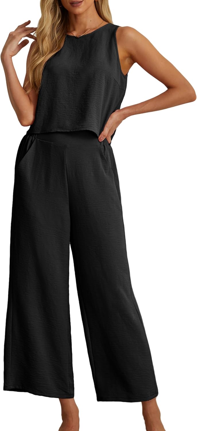 Detalle de IWOLLENCE Women's Summer 2 Piece Outfit Set: Sleeveless Crop Top + Wide-Leg Pants