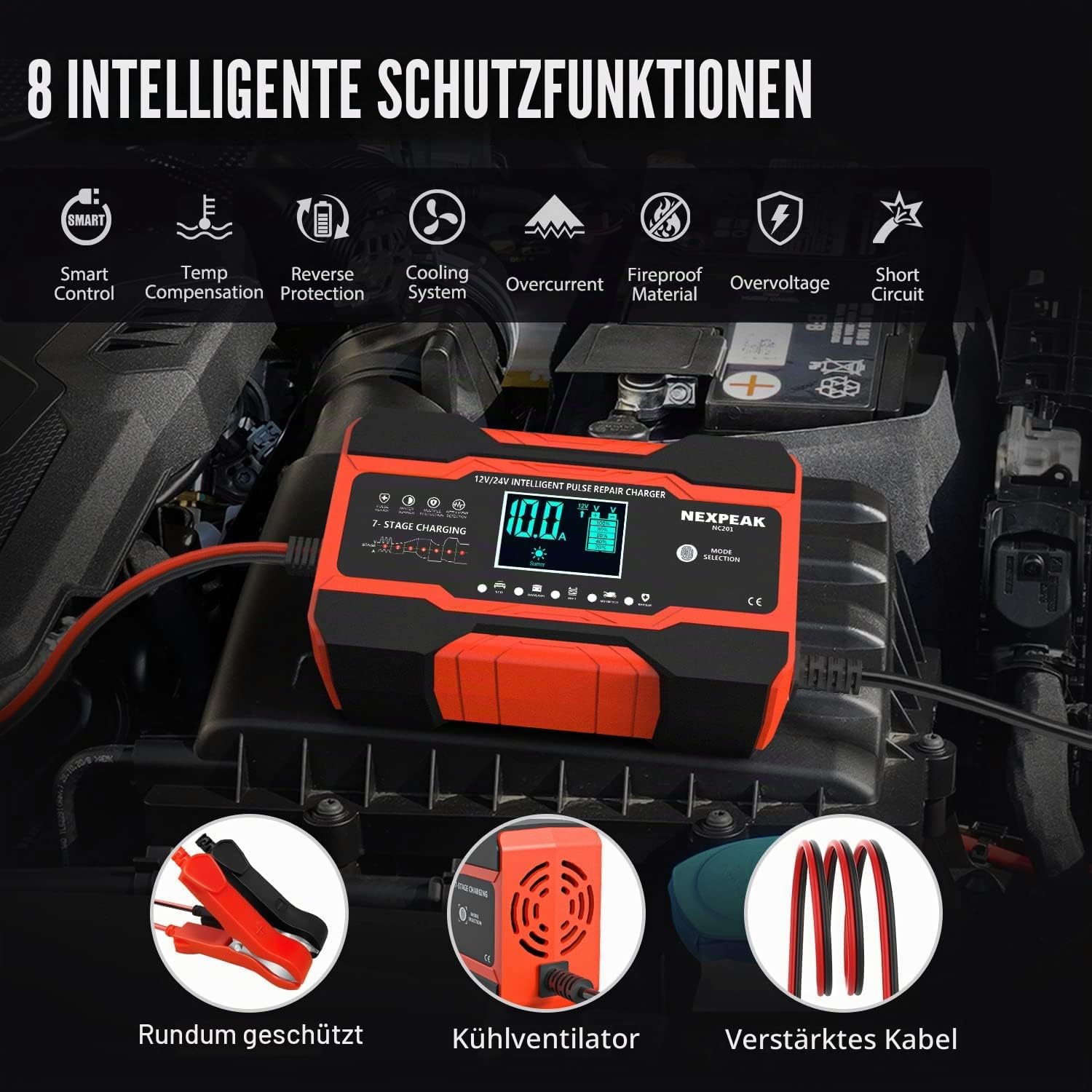 Detalle 2 de 10A Autobatterie-Ladegerät 12V/24V Smart Ladegerät für Auto