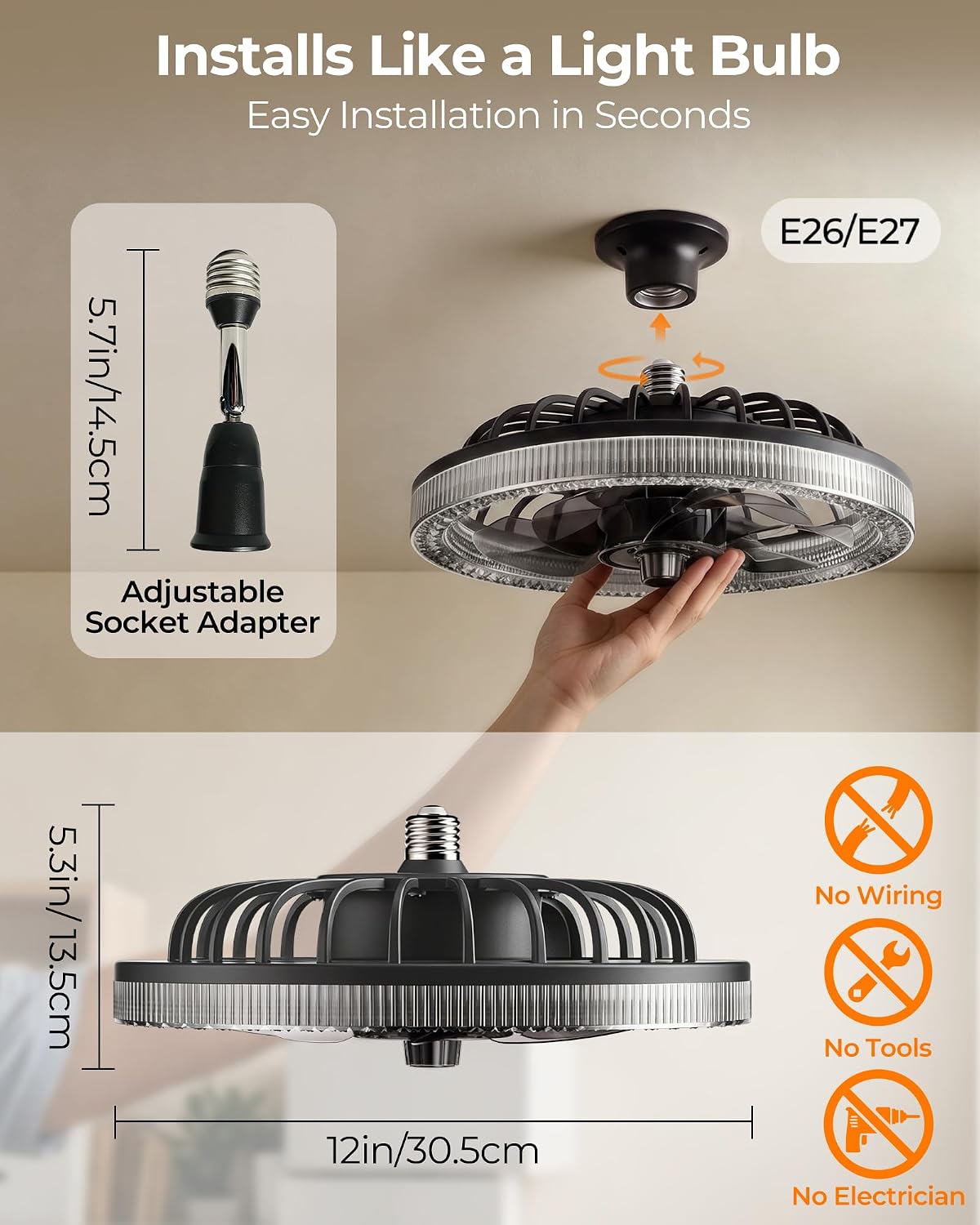 Detalle 1 de Kleqop KL-CF-B Socket Fan Light, 2200 lm LED and 4 Fan Speeds