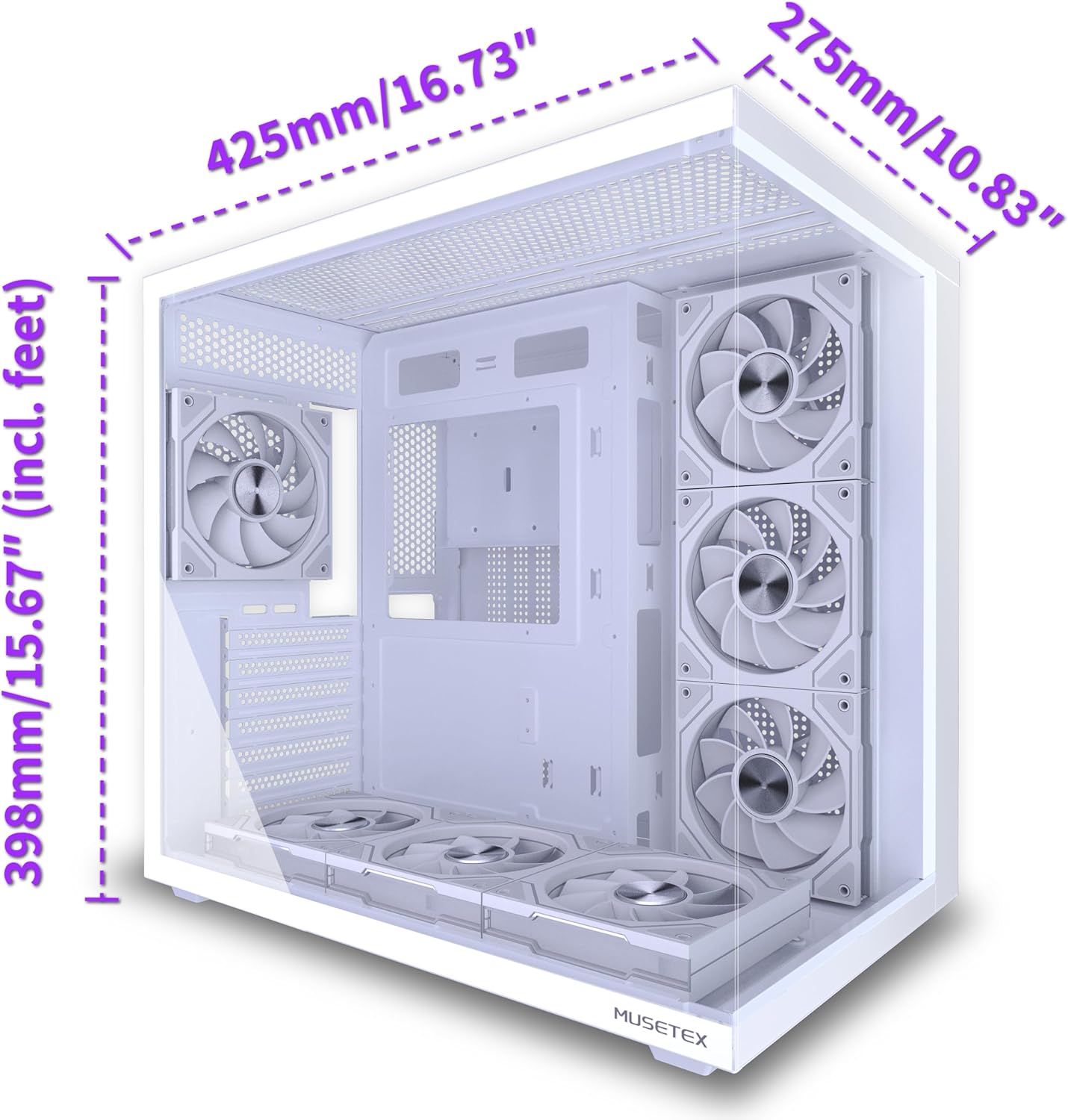Thumbnail 6 de MUSETEX Y6 PC-Gehäuse Vorinstallation mit 7 Infinity Mirror ARGB-Lüftern, ATX Mid Tower, Weiß