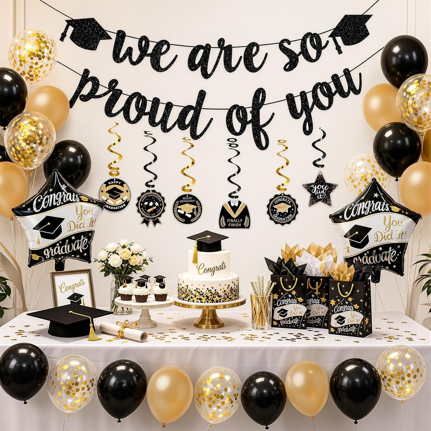 OLANRUN Graduation Decorations Set 2026 – We Are So Proud of You Banner, 20 Balloons & 6 Hanging Swirls