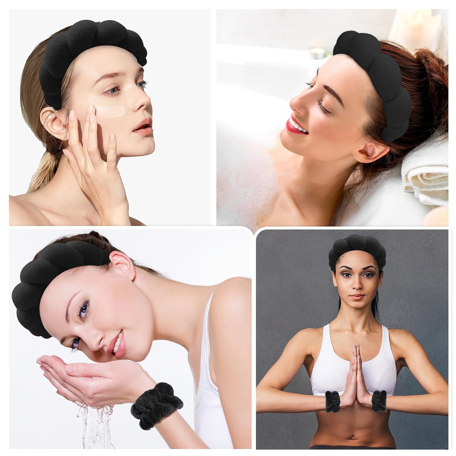 Detalle de Zkptops Spa Headband & Wristband Set for Face Washing (Black) — Terry Cloth Hair Accessory