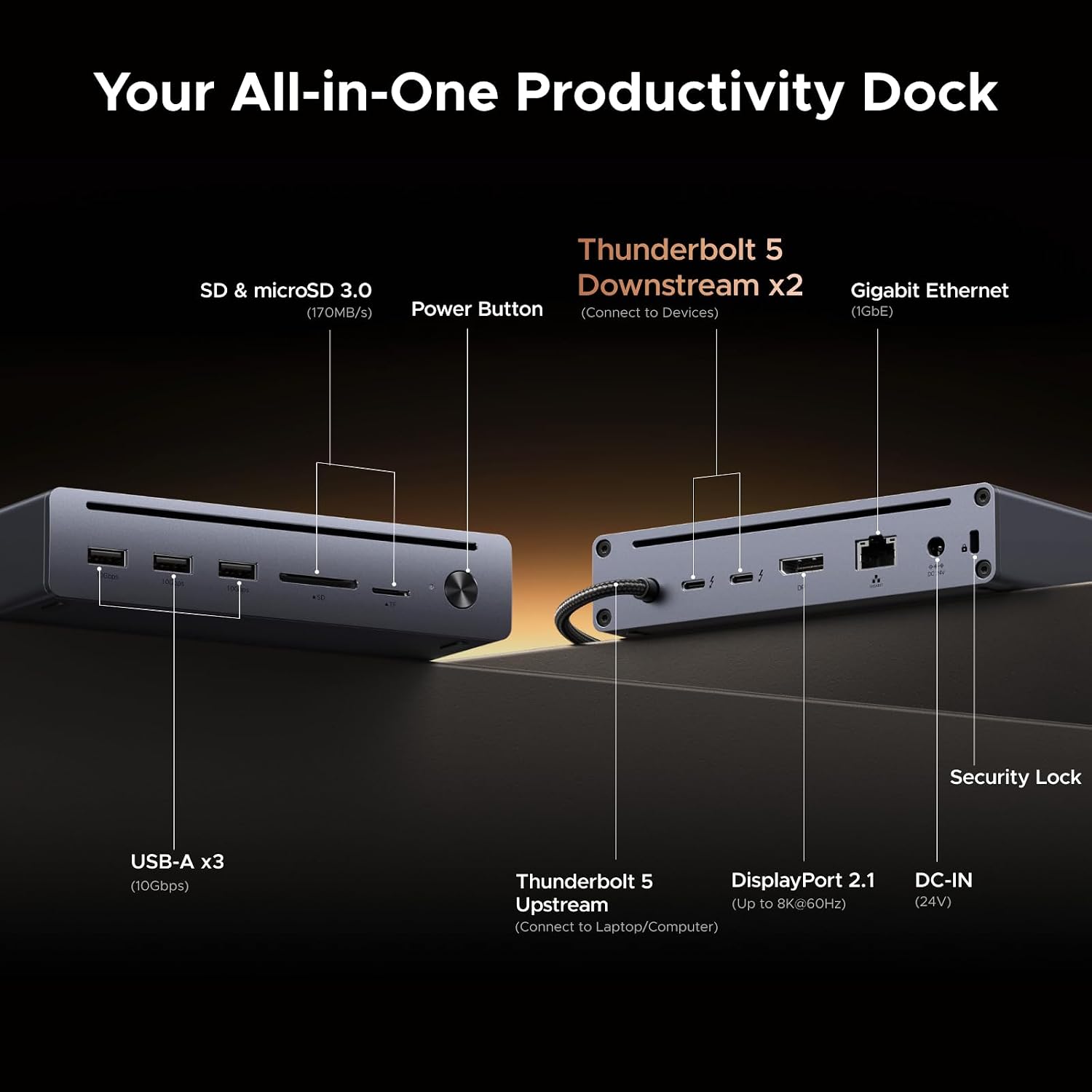 Detalle 2 de UGREEN Maxidok Thunderbolt 5 Docking Station (Revodok 10-in-1) – 10 Ports mit bis zu 120 Gbit/s, 100 W Laden und Ethernet