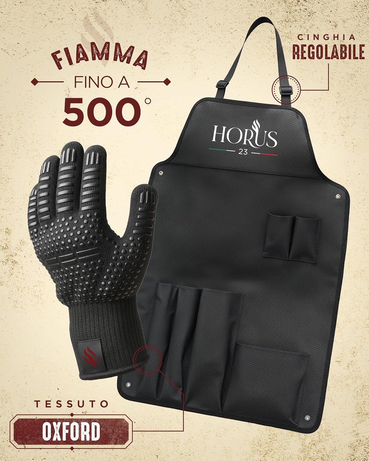 Thumbnail 3 de HORUS 23 Set barbecue con guanto ignifugo EN 407:2020, grembiule Oxford e accessori in acciaio inox