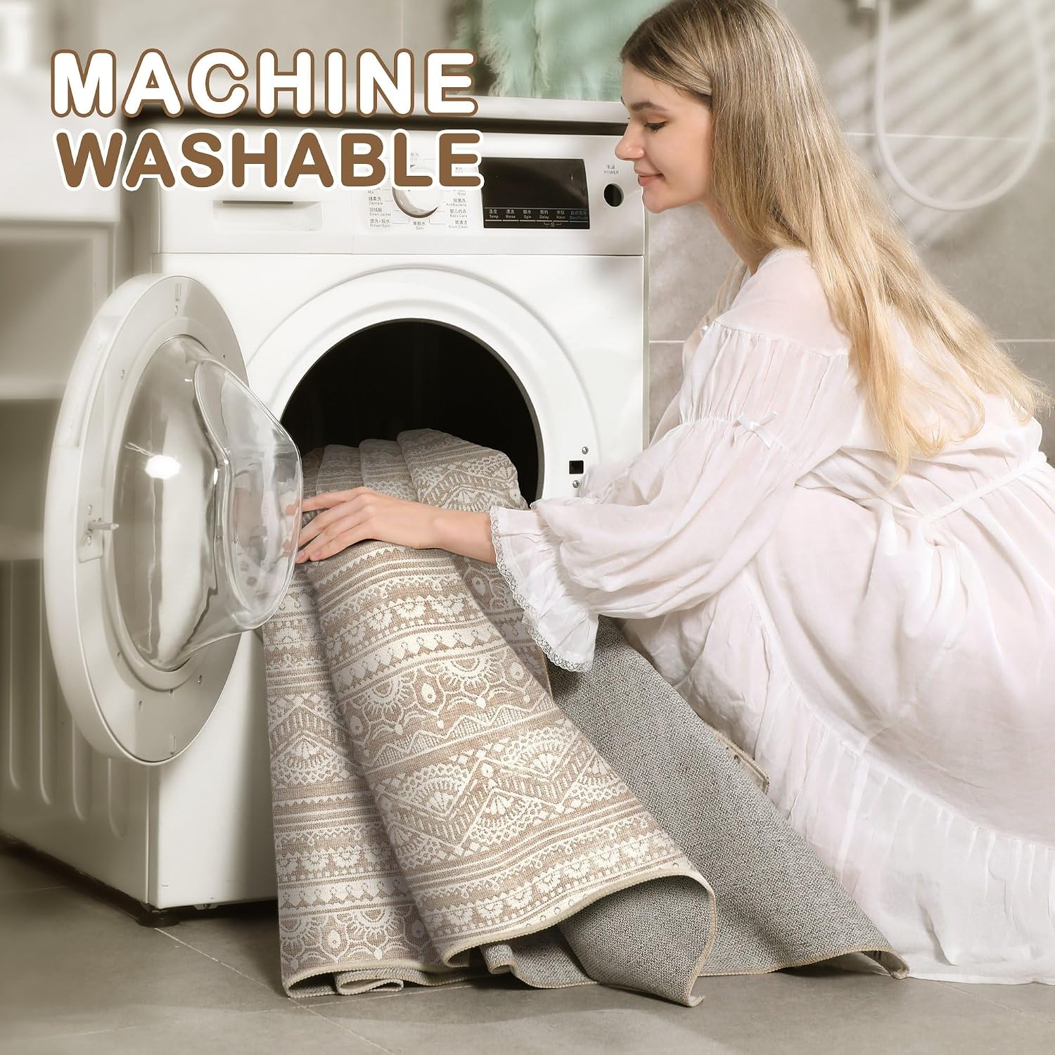 Detalle de Tortania 10x12 Washable Area Rug: Soft, Non-Slip Boho-Style Rug for Living Room & More