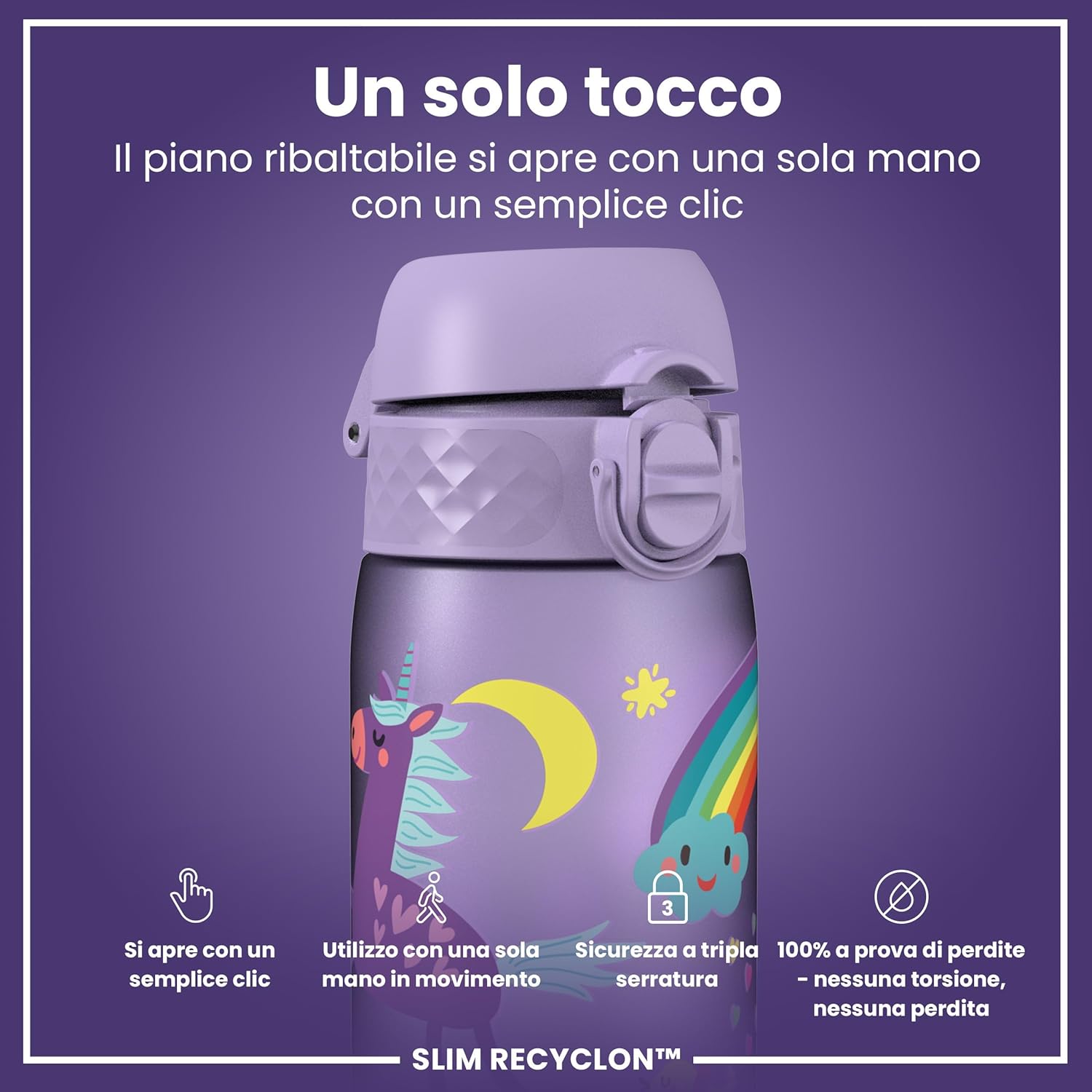Detalle de Ion8 Borraccia a Prova di Perdite 500 ml – Unicorni viola, lavabile in lavastoviglie, BPA-free
