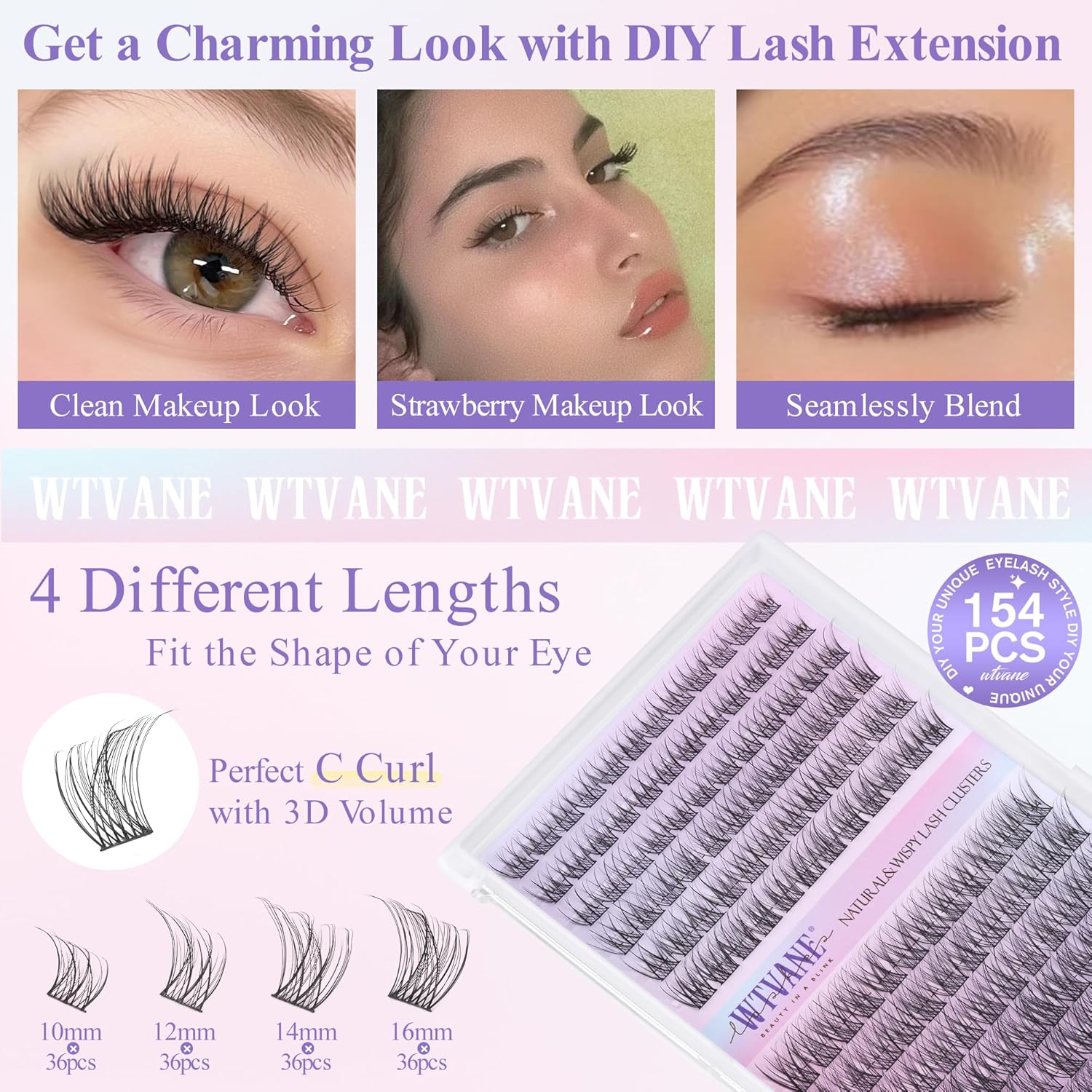 Thumbnail 2 de Wispy Lash Clusters Kit Natural Eyelash Clusters Extensions Kit 144pcs by Wtvane