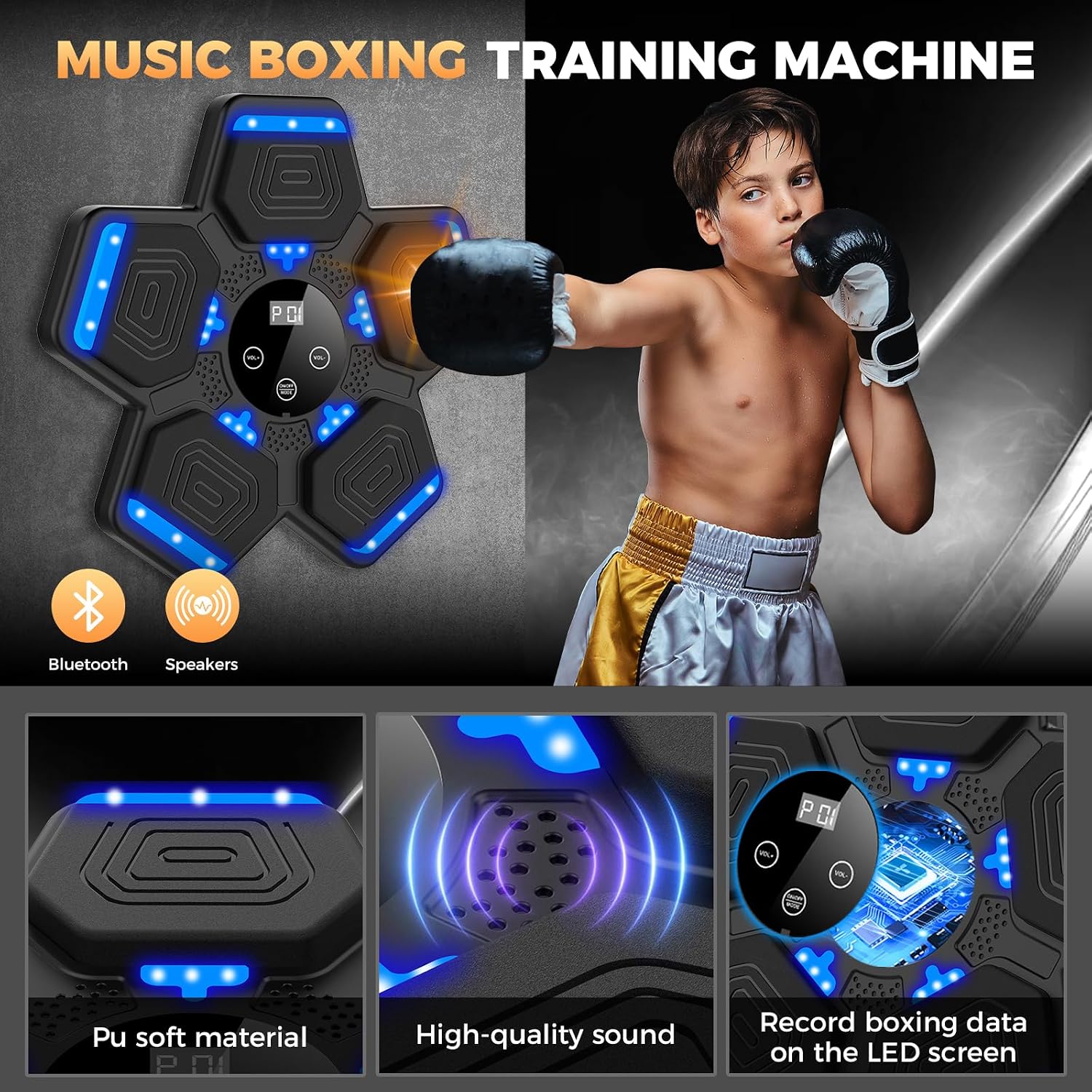 Detalle 2 de LOLBOX Music Boxing Machine – Interactive rhythm trainer with LED target lights and Bluetooth speaker (wall-mount pad)