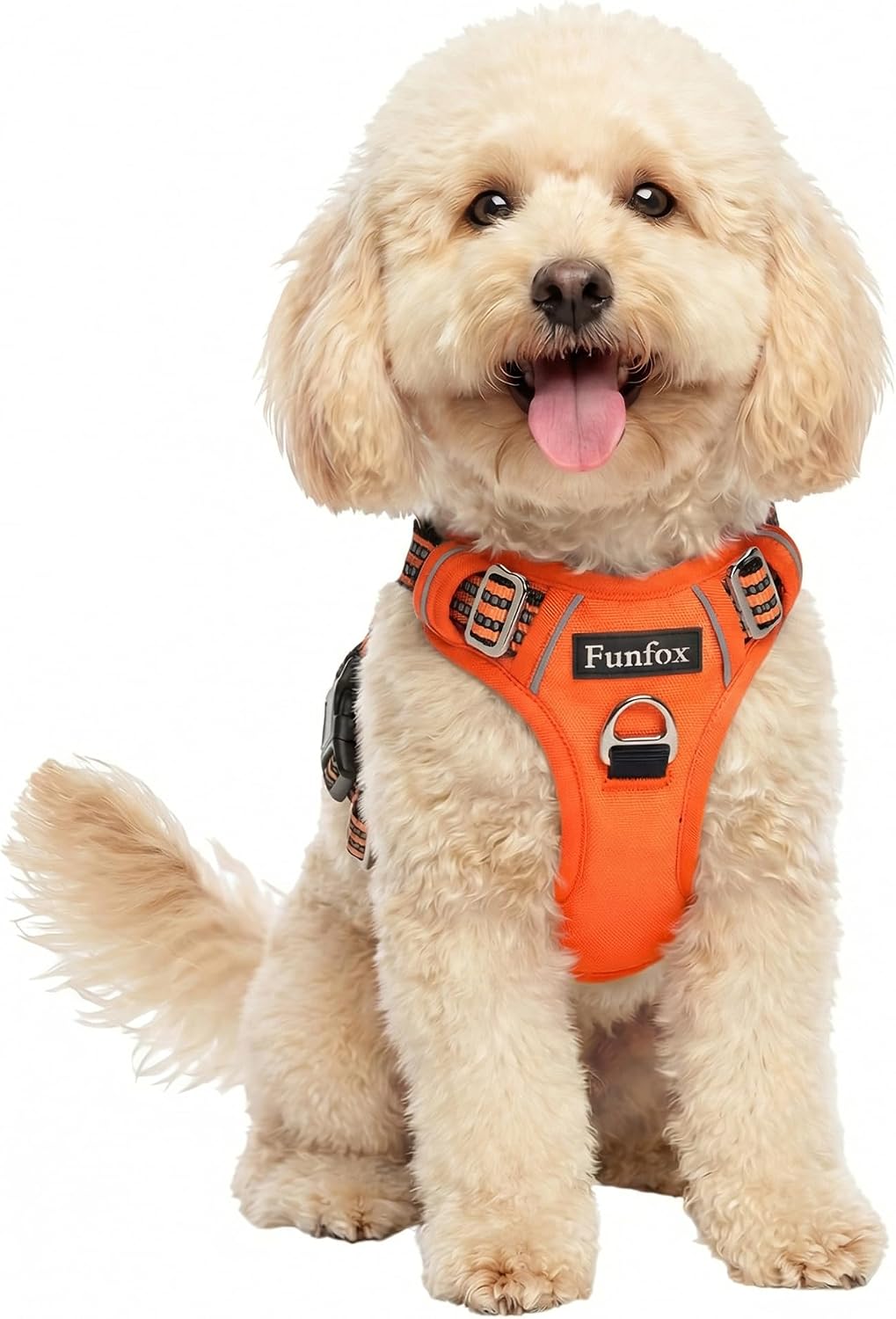 Detalle de Funfox Dog Harness Small (Orange S) – no-pull puppy dog harness with vertical handle, reflective strips