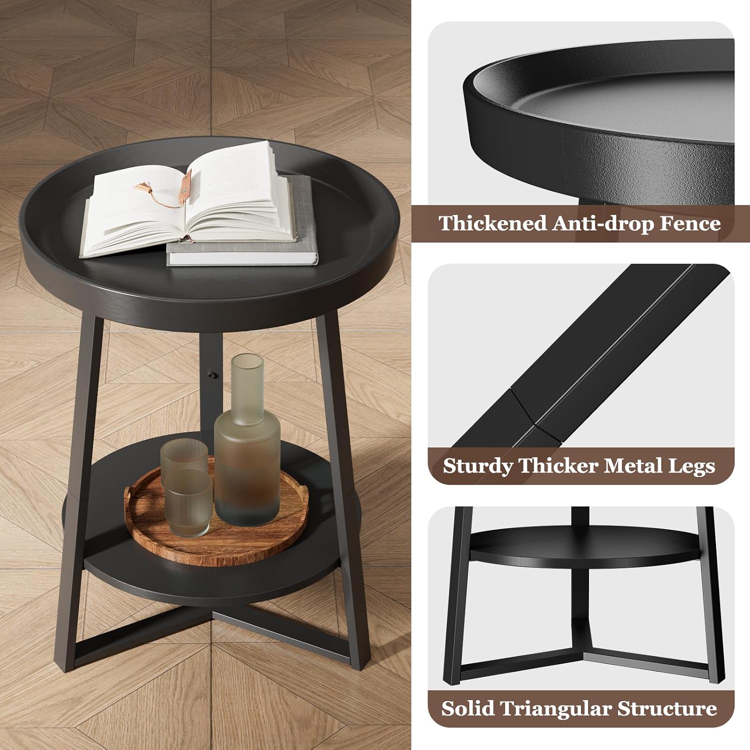 Detalle 2 de Gadroad 02ST024A Round End Table, Two-Tier Storage, Black Metal Frame