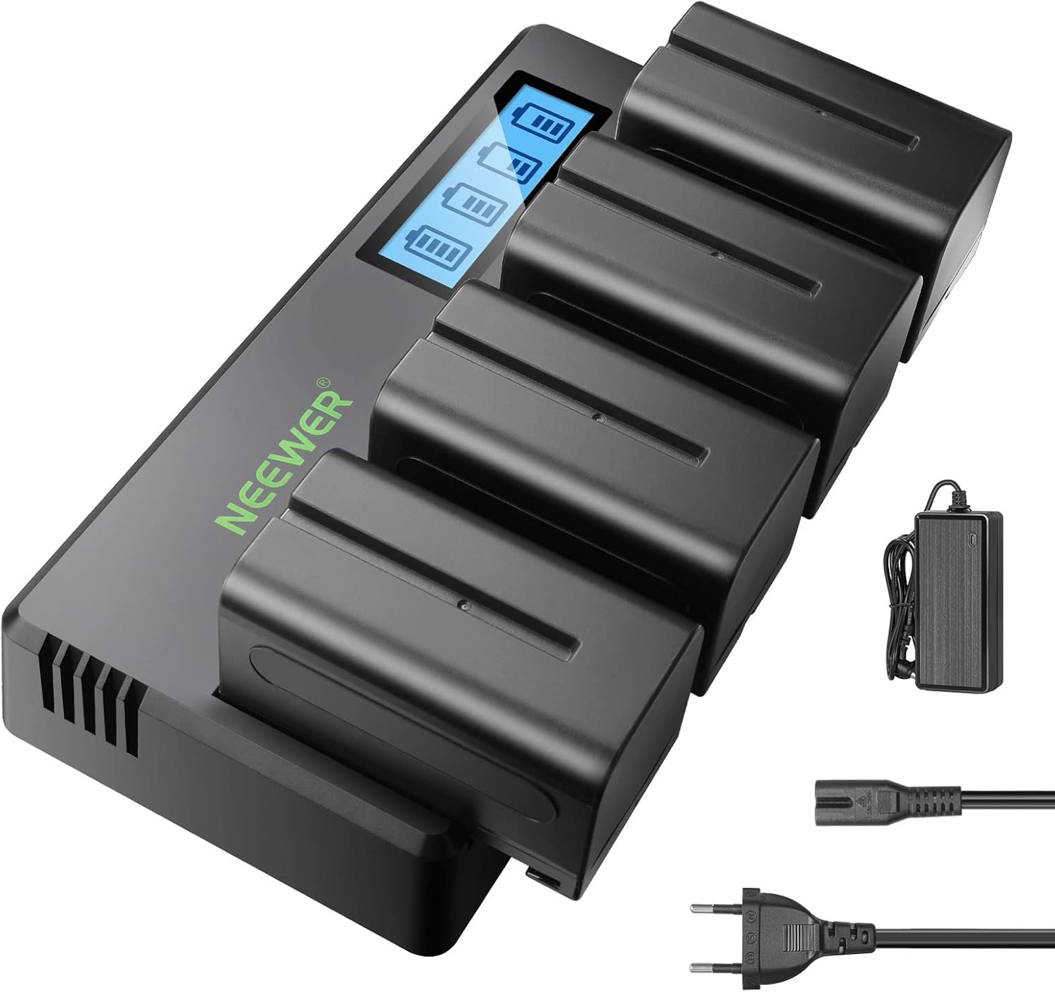 NEEWER 4er-Pack NP F750 Ersatzakkus (7,4V, 5600 mAh) inkl. 4-Kanal-Ladegerät DF F750 für NP-F550/750/770/970