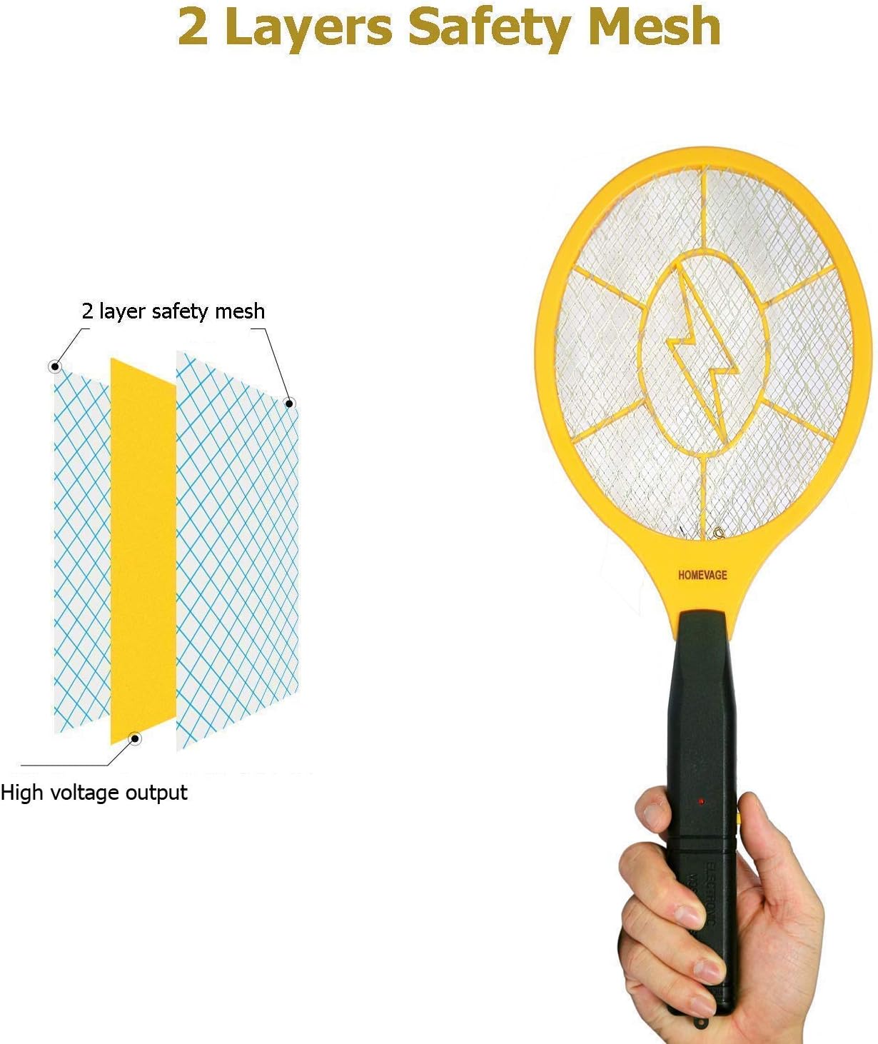 Detalle de HOMEVAGE Electric Fly Swatter with 3-Layer Safety Mesh and 2 AA Batteries